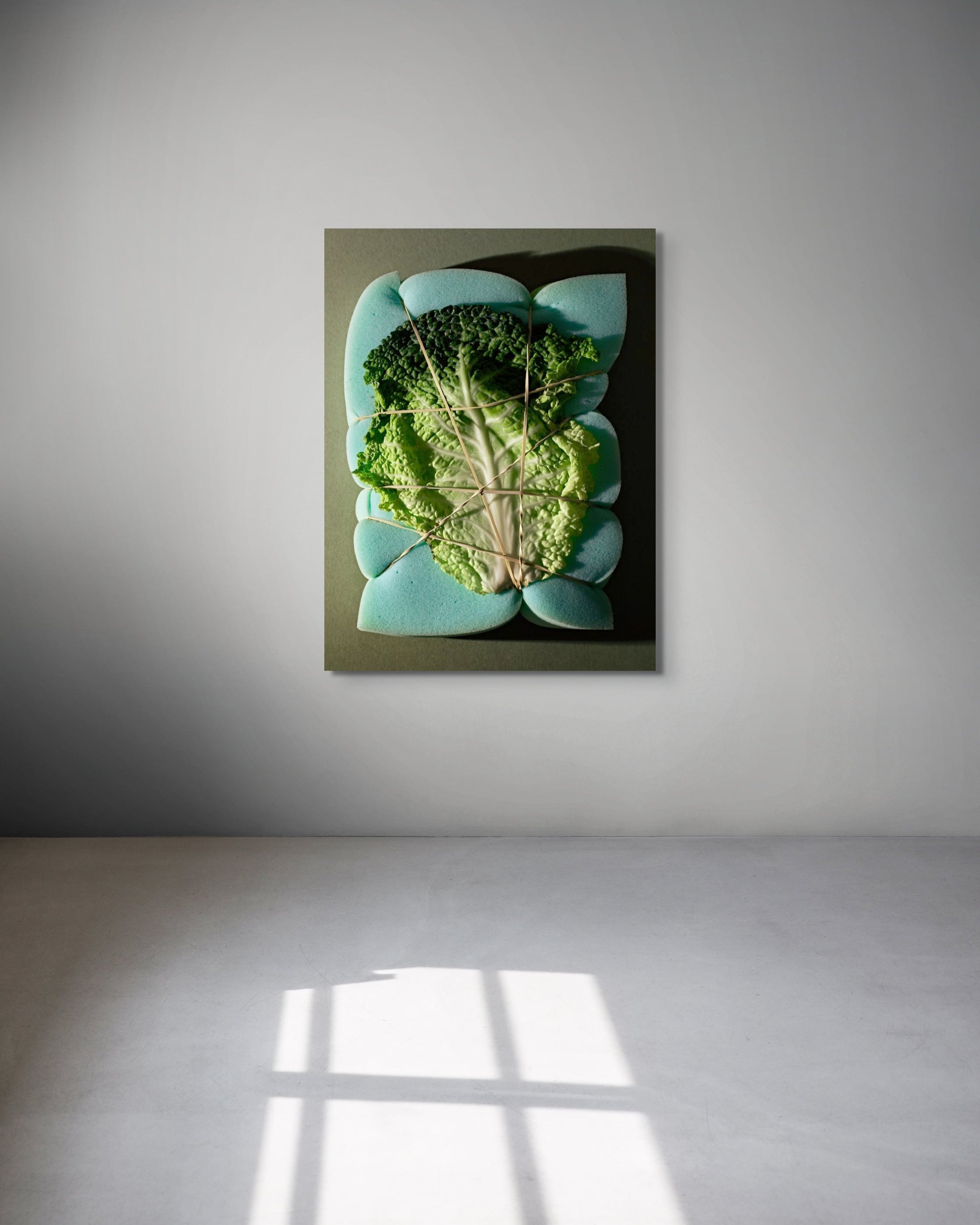 Metal print of a cabbage leaf hanging on a grey wall in a minimalist room.