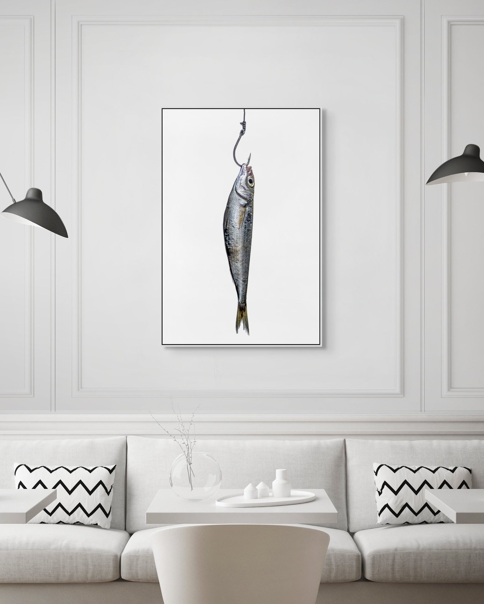 Framed artwork of a fish on a wall above a sofa in a modern living room.
