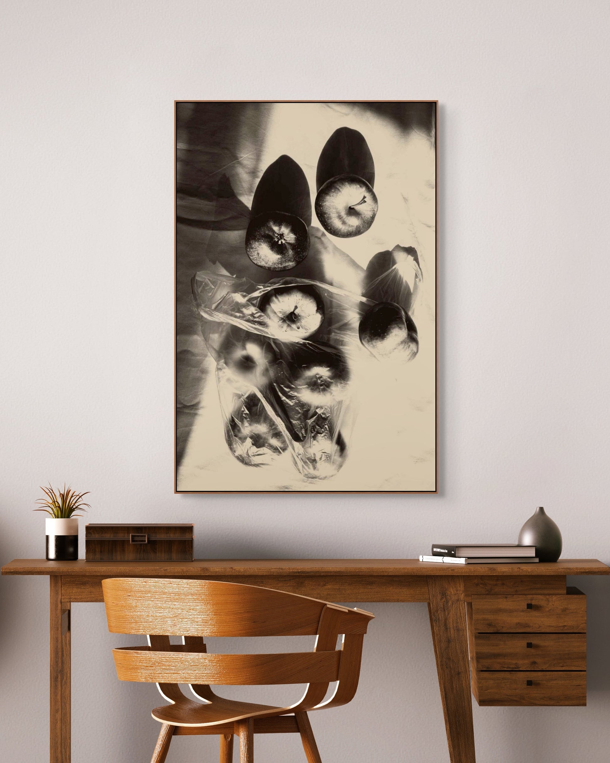Wooden desk with chair and abstract art on the wall