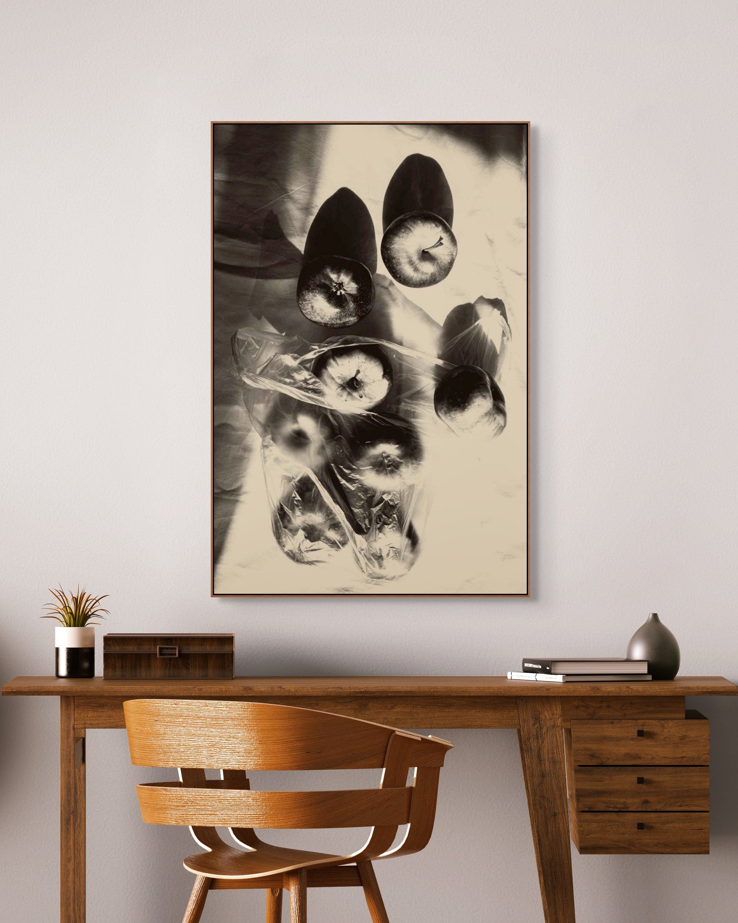 Wooden desk with chair and abstract art on the wall