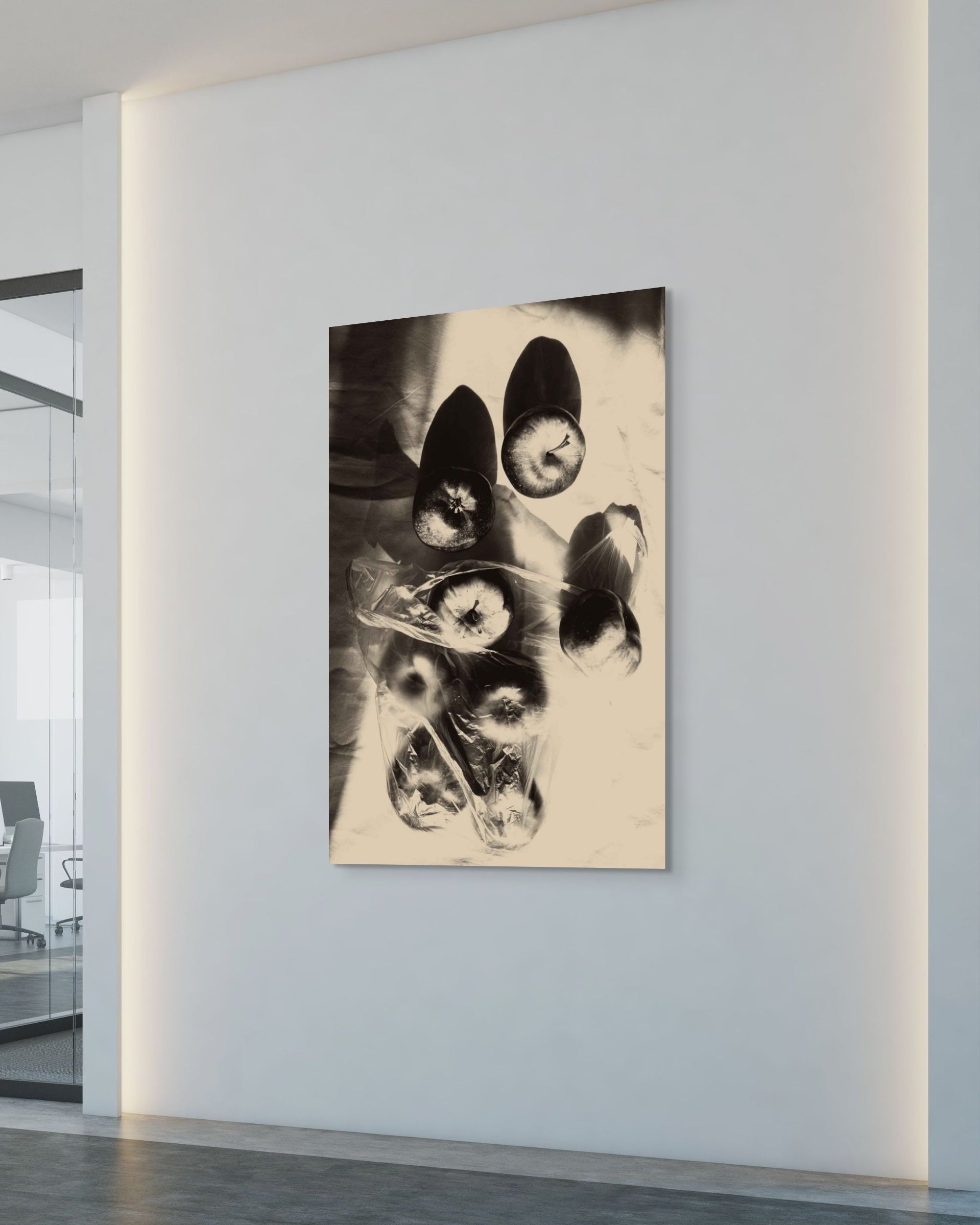 Abstract art piece on a wall in an office setting