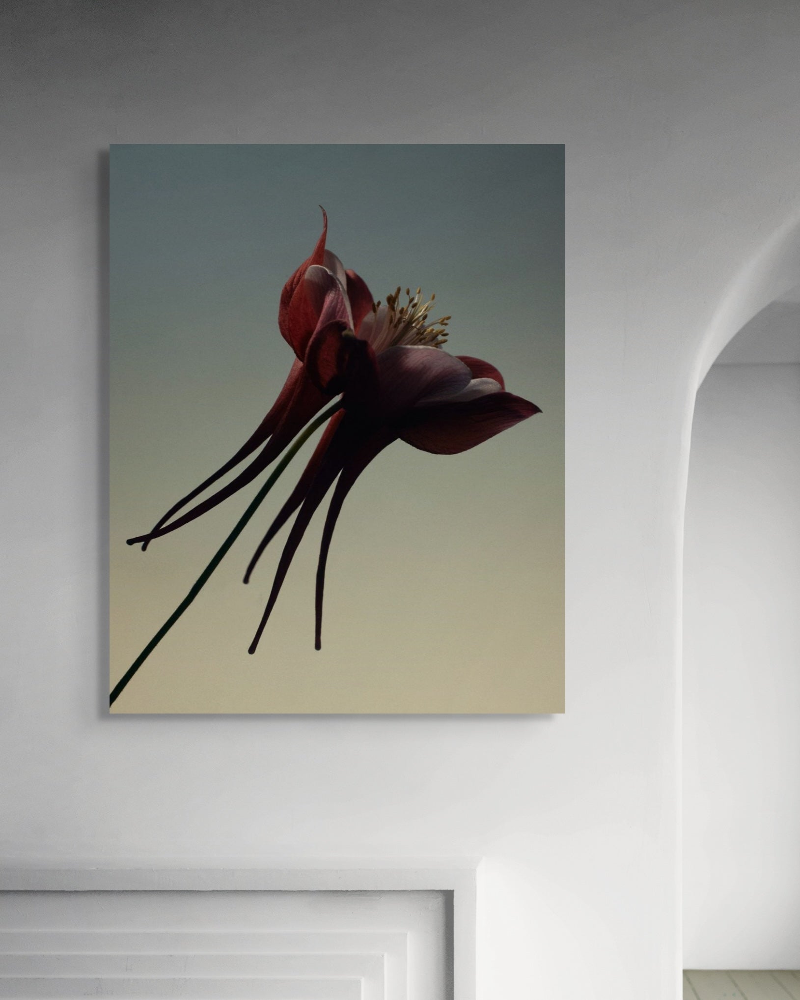 Metal print of a red flower on a wall in a minimalistic room.