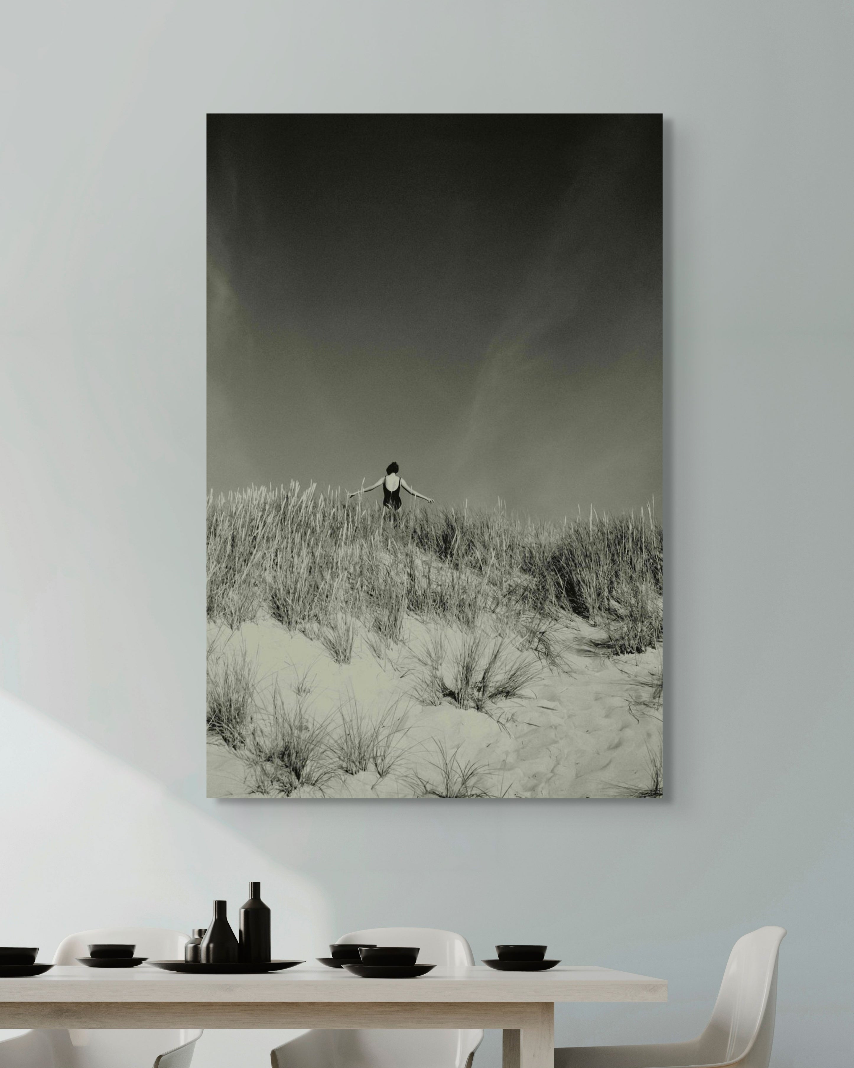 Display of a metal print in a modern dining room.