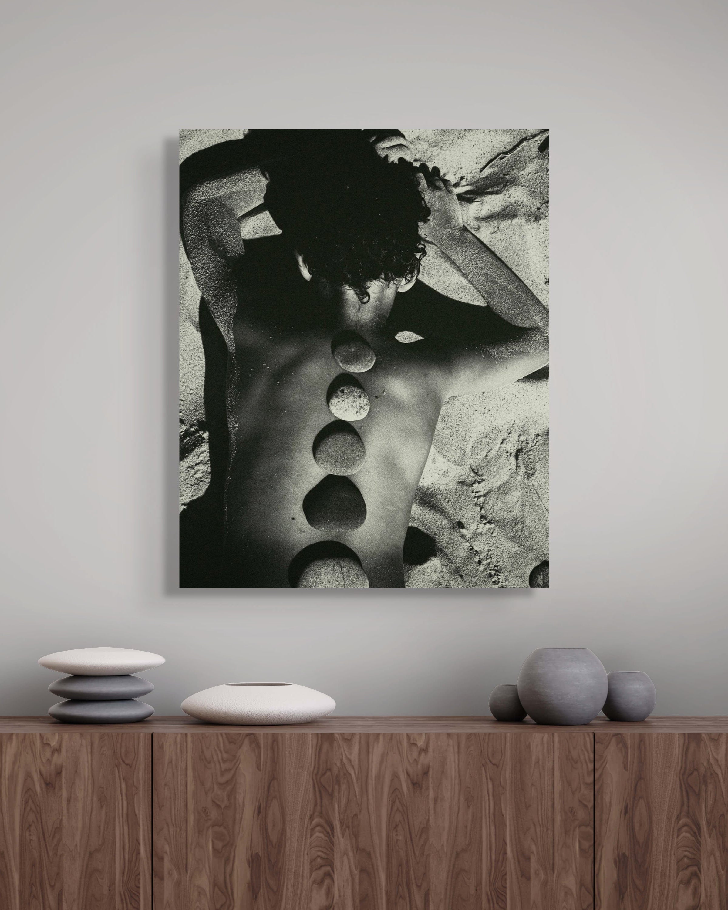 Framed black and white fine art print, Baltic Stones by Jonė Reed, ready to hang metal print
