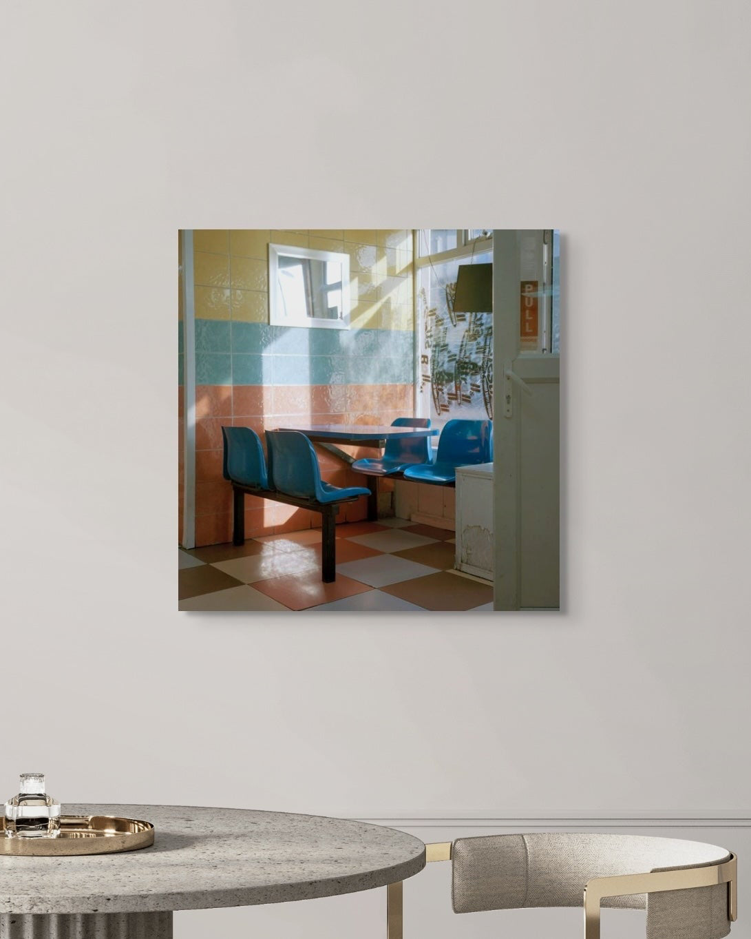 Modern interior with reflecting print in a living room.