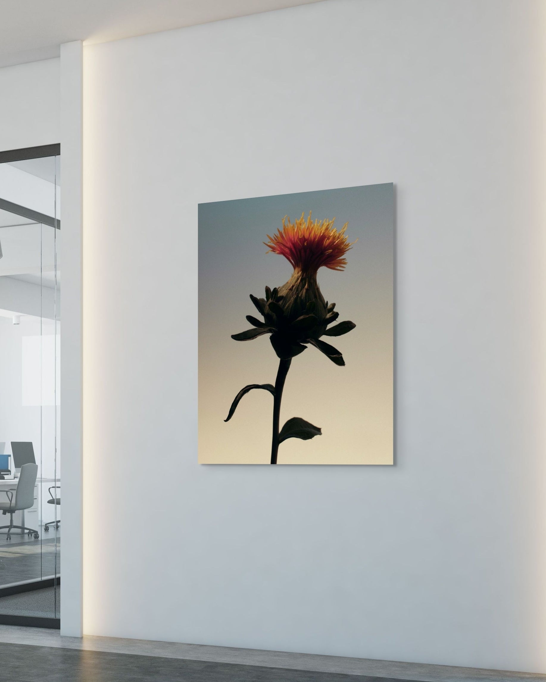 Artistic depiction of a flower on a wall in an indoor setting