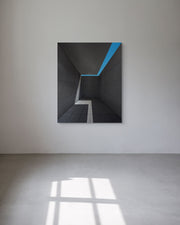 Abstract artwork with a blue stripe on a white wall