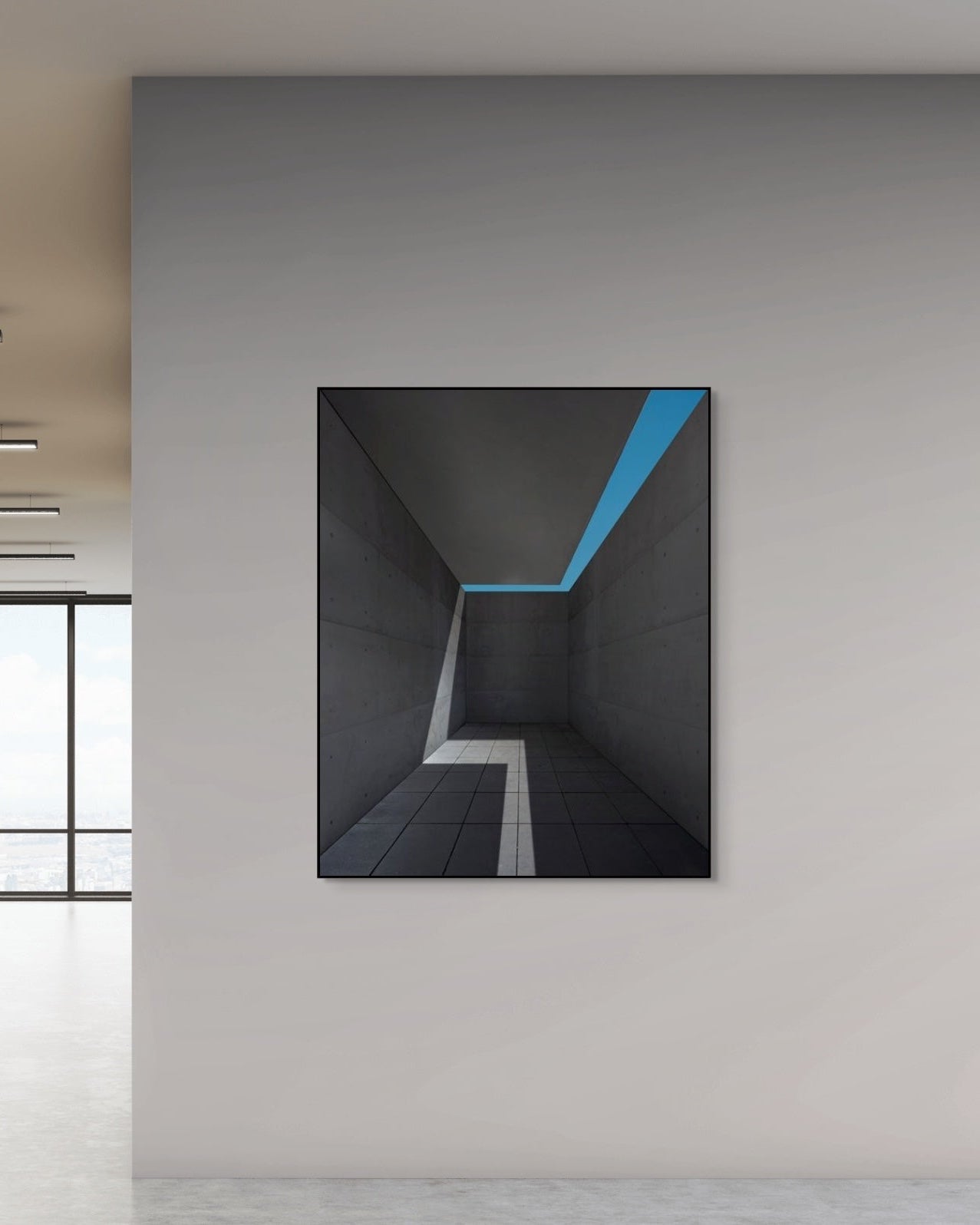 Modern interior with a framed abstract artwork on a wall