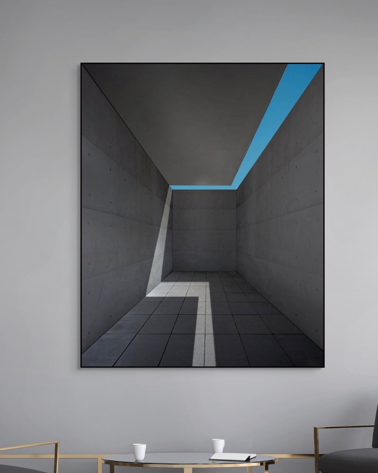 Modern interior with a large architectural print on the wall