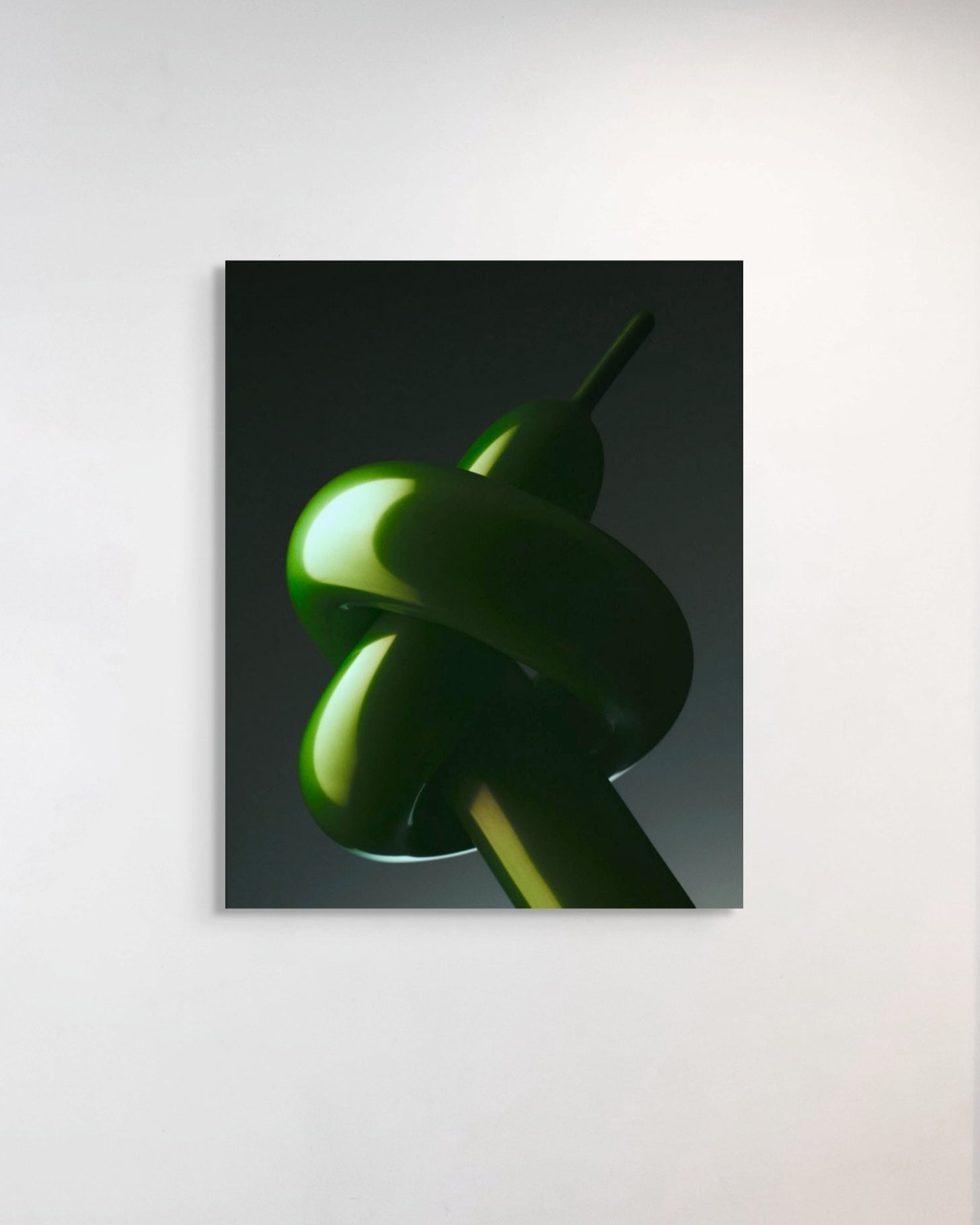 Abstract art piece with a green, wavy shape on a dark background