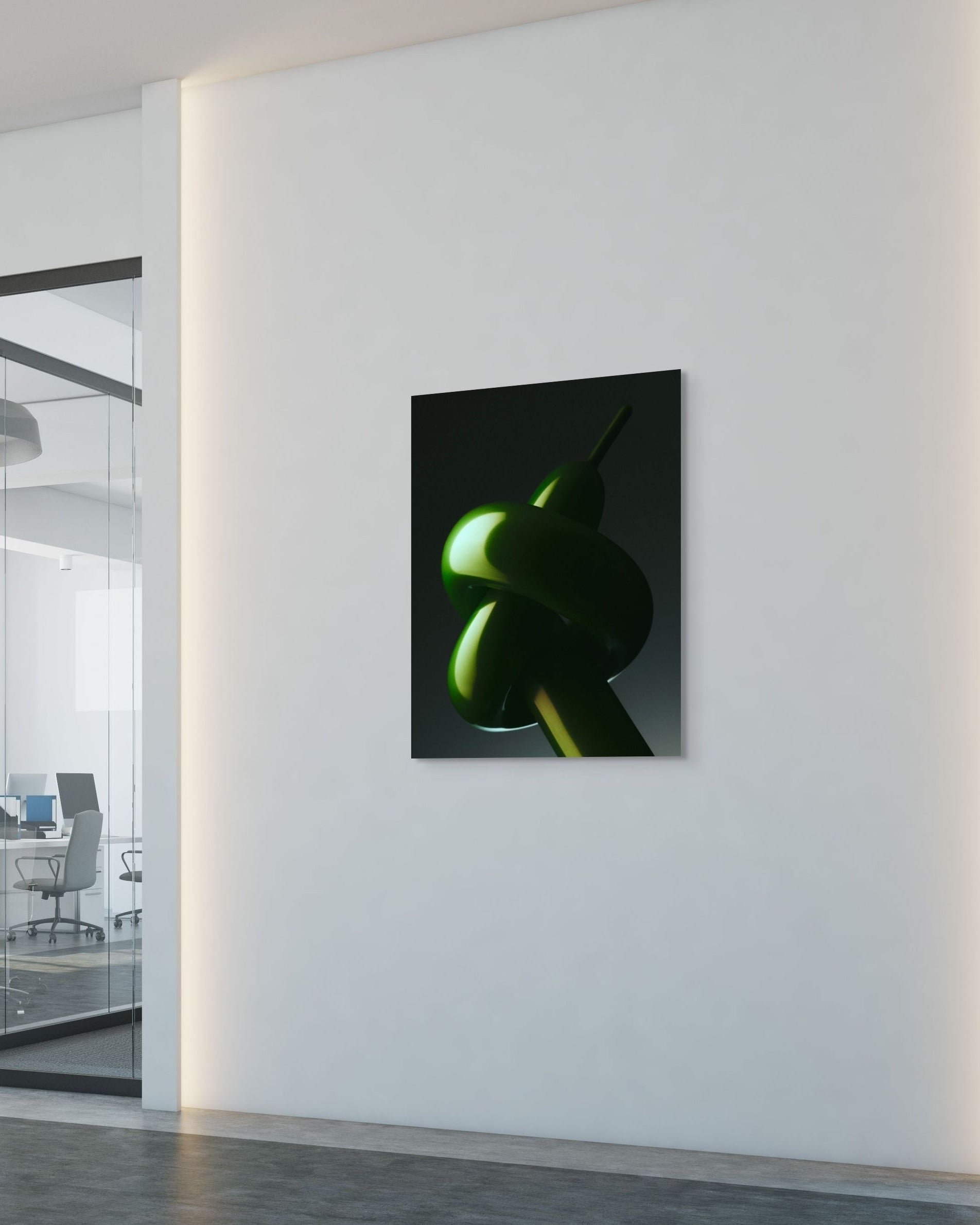Modern interior with a metal print of a green balloon shape on a white wall