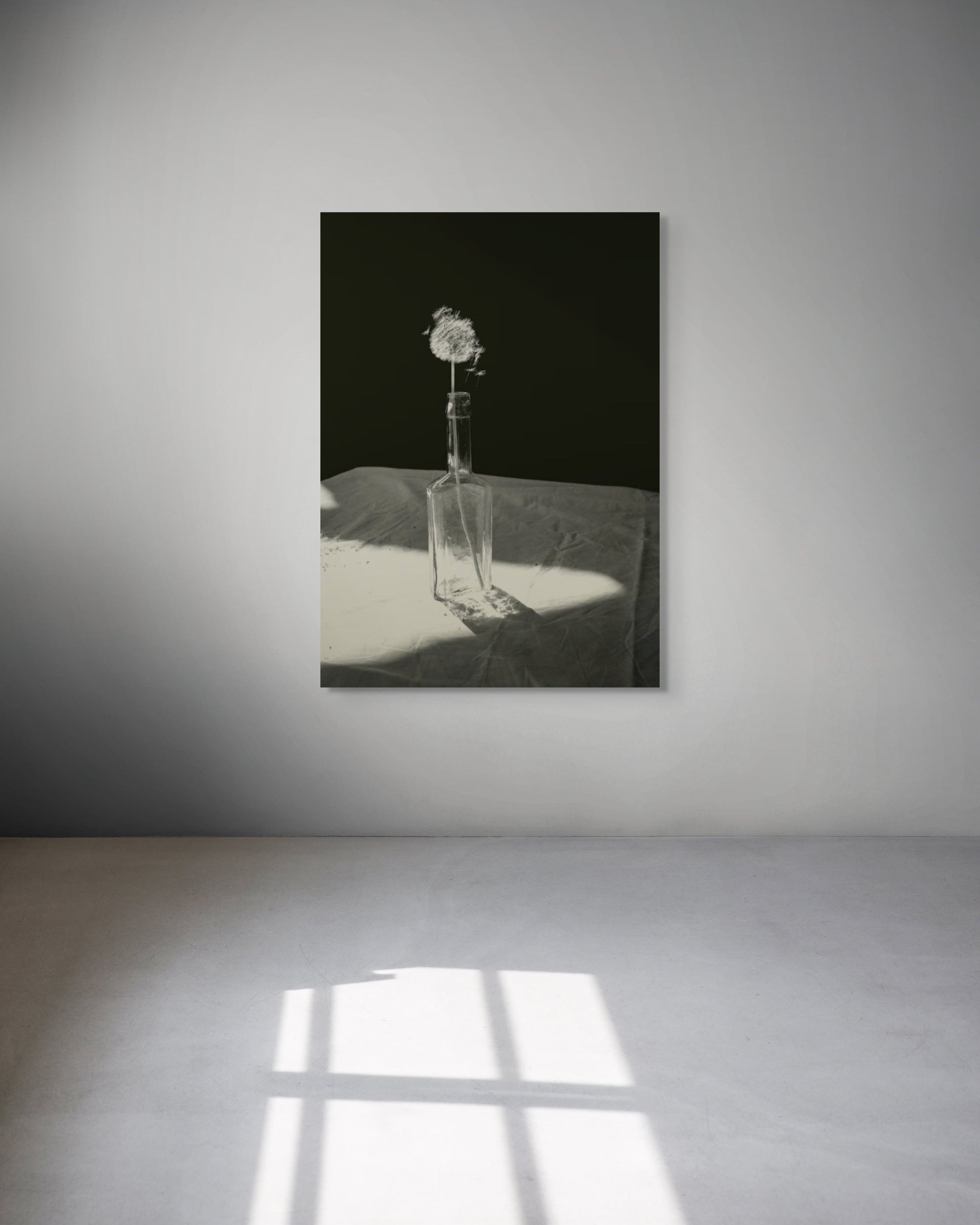 Framed artwork of a flower in a glass bottle on a dark background, displayed on a white wall.