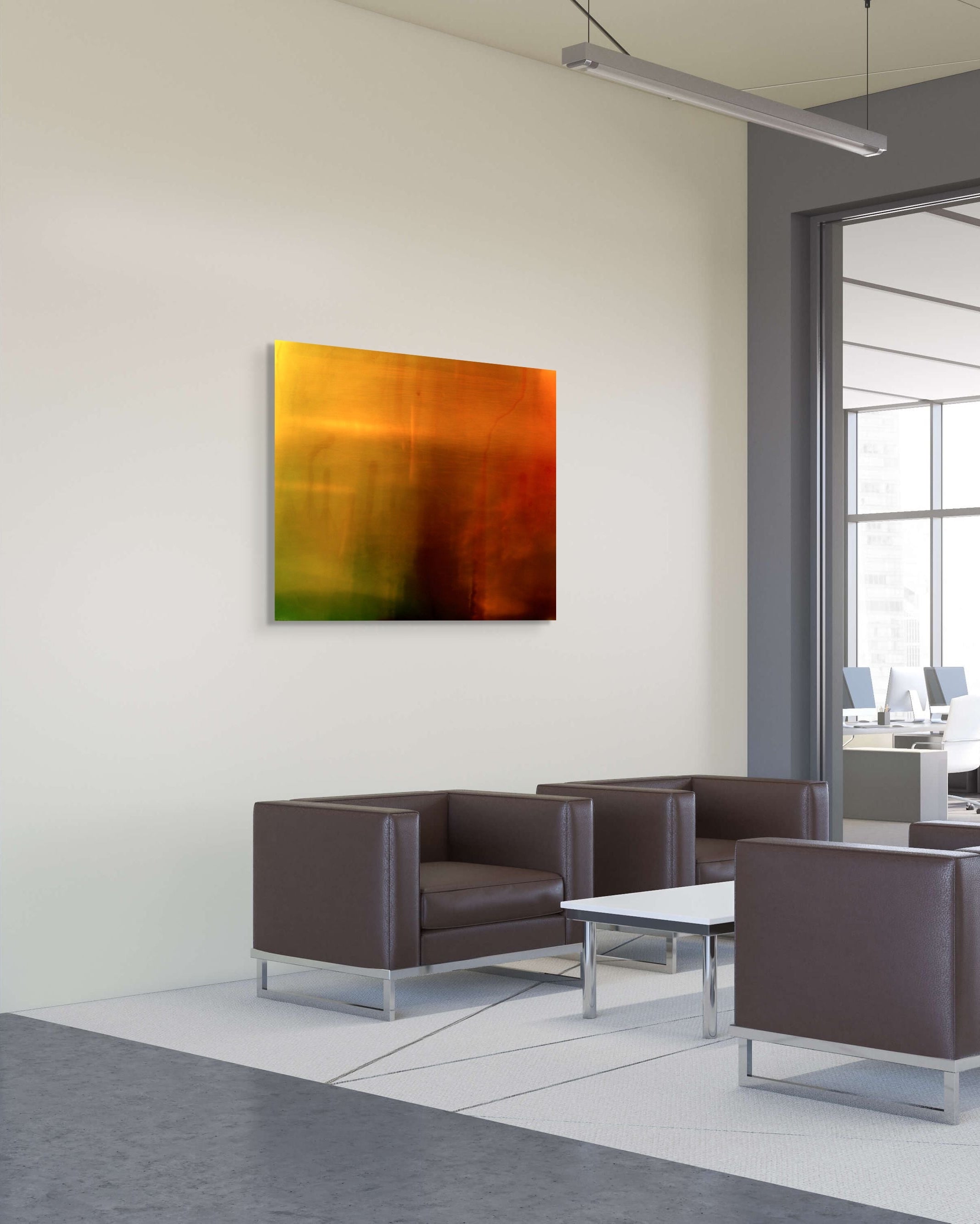 Dithering I metal print by Marcus Reistad featured in a contemporary office lounge with leather seating and floor-to-ceiling windows.