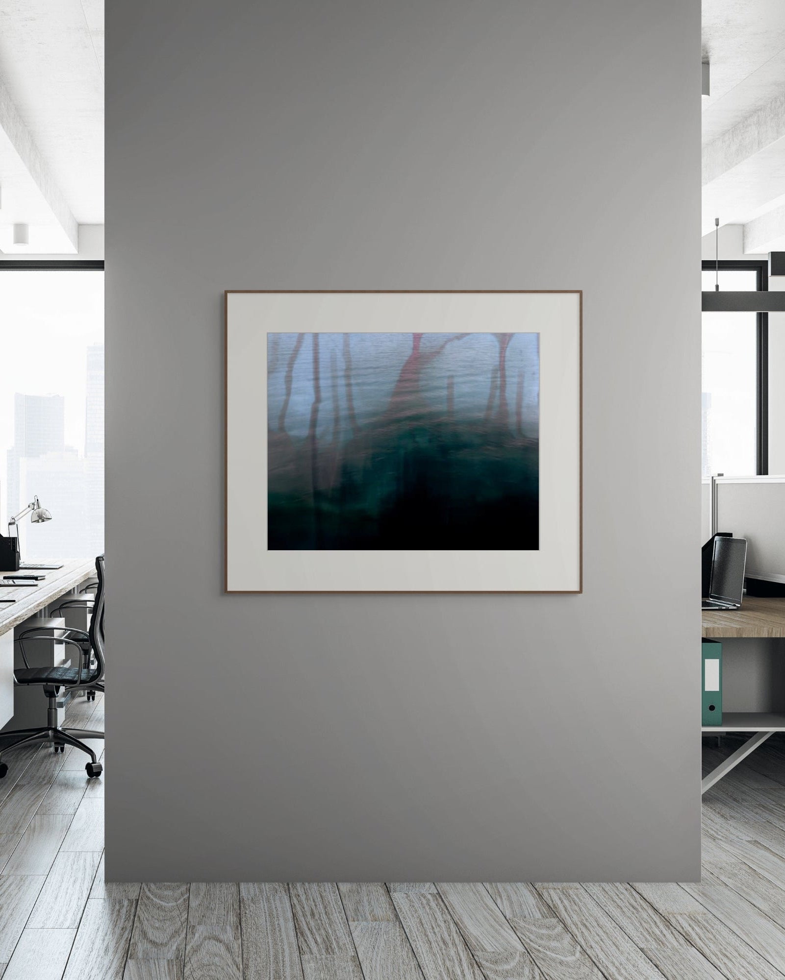 Framed metal print Dithering III by Marcus Reistad shown in a contemporary workspace interior.
