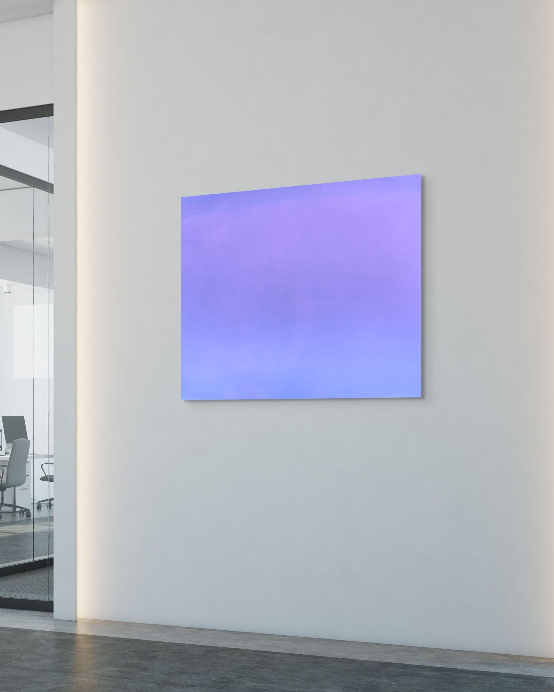 Purple art print on a white wall in an office setting