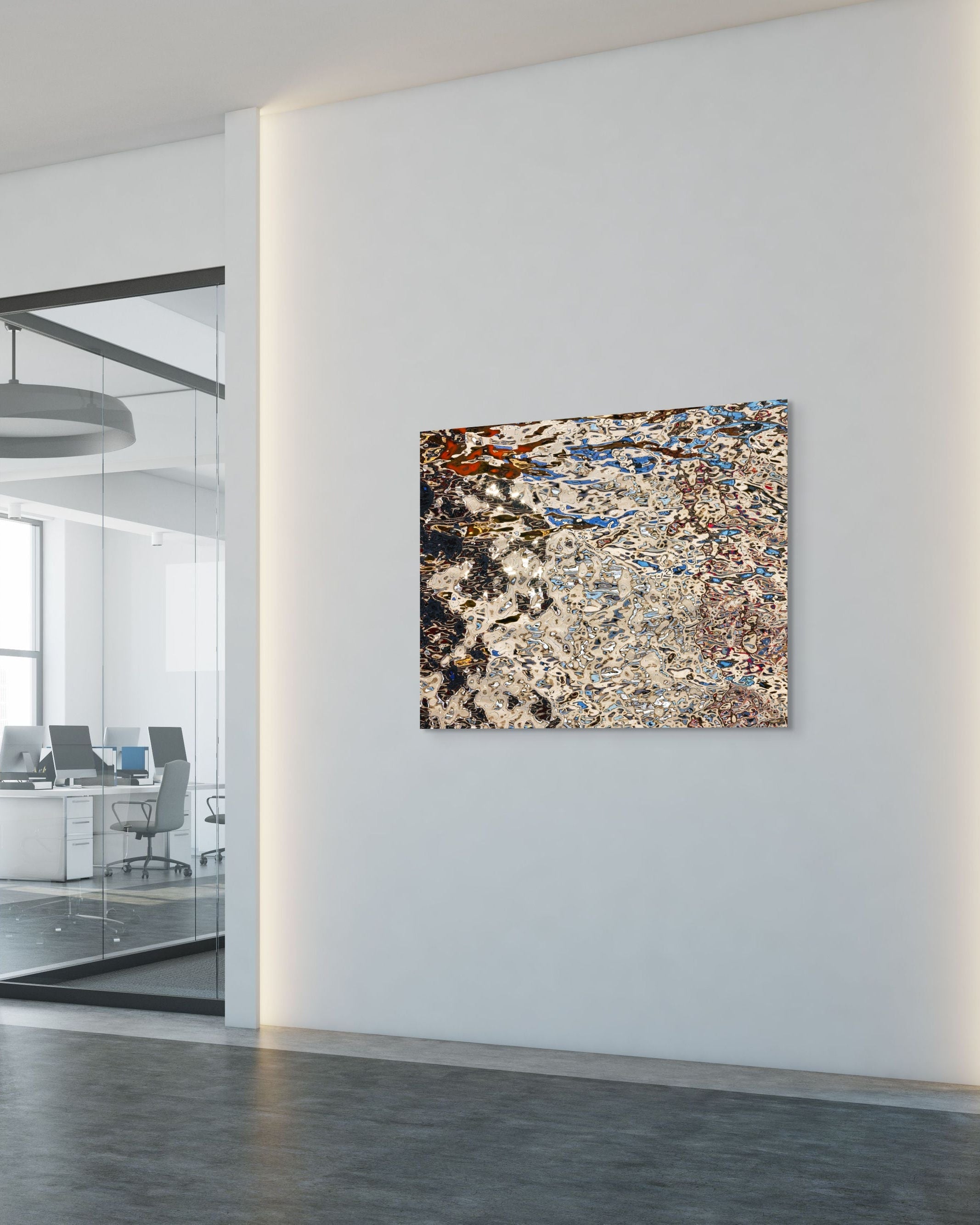 Echo Mitte by Johann Besse — large abstract metal print mounted in a modern office hallway with glass walls and natural light, showcasing a reflective, fluid composition.