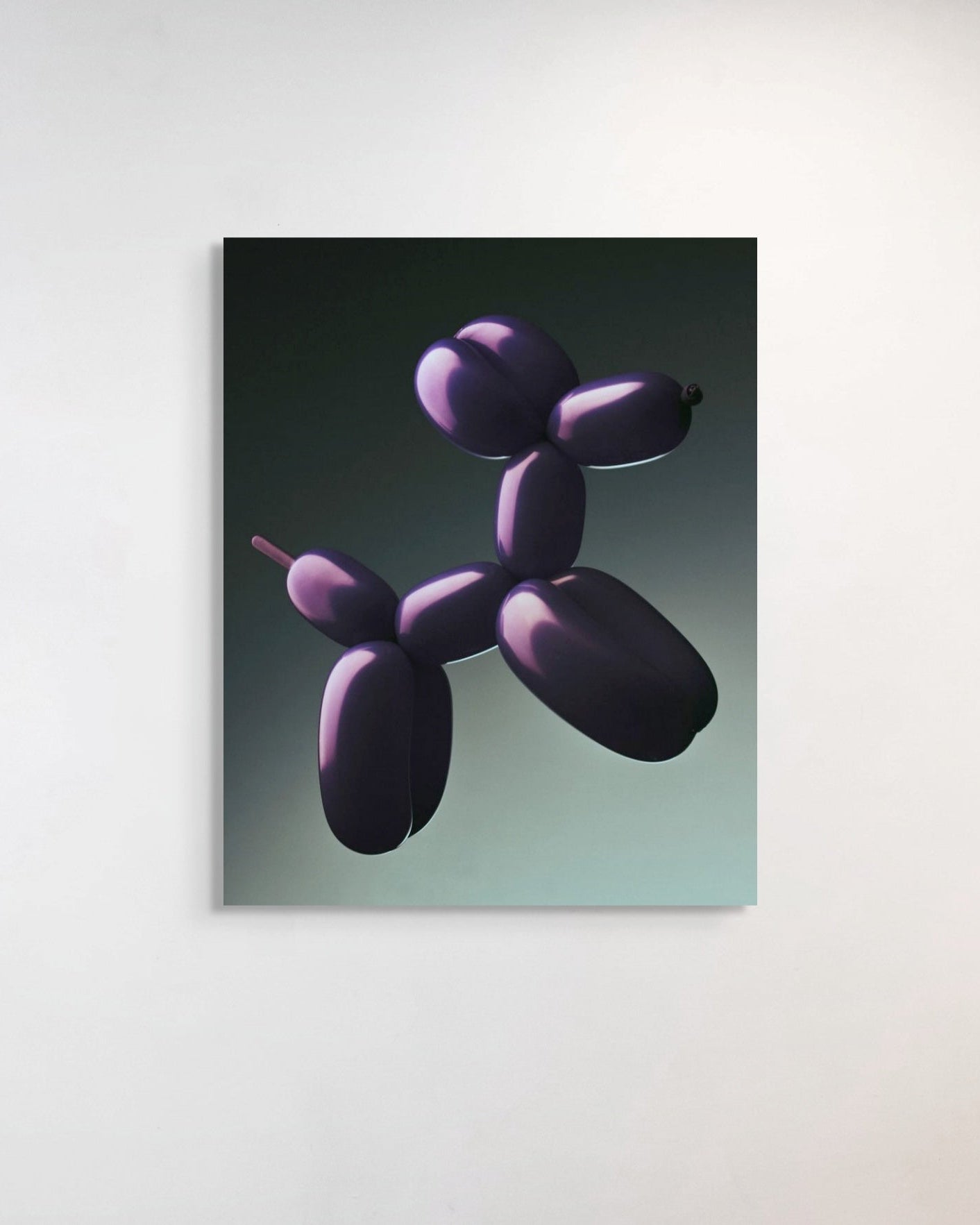 Balloon dog sculpture on a reflective surface with a gradient background