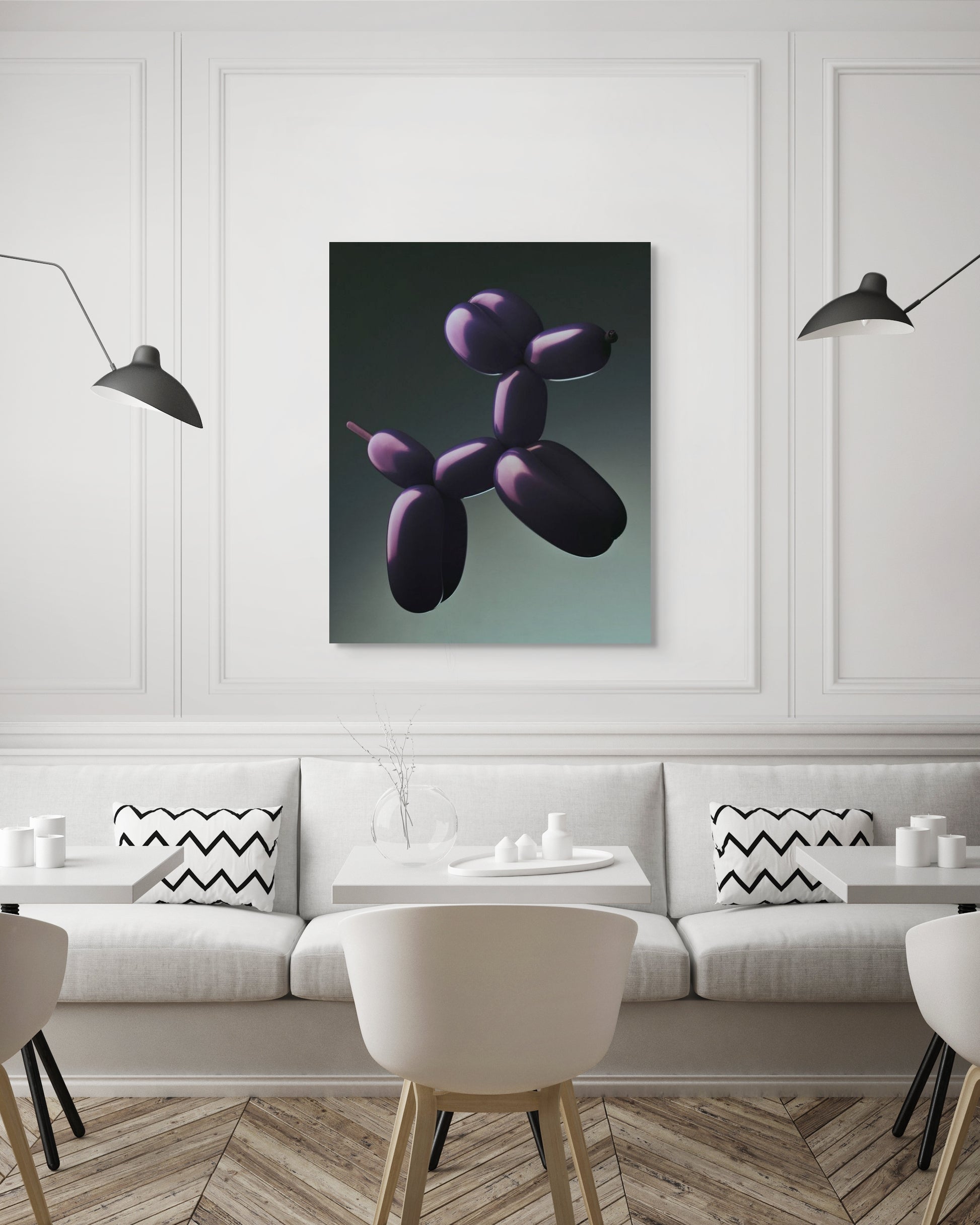 ‘Figuración’ metal print by Oscar Calleja featured in a contemporary café or lobby interior with white walls and black sconces.