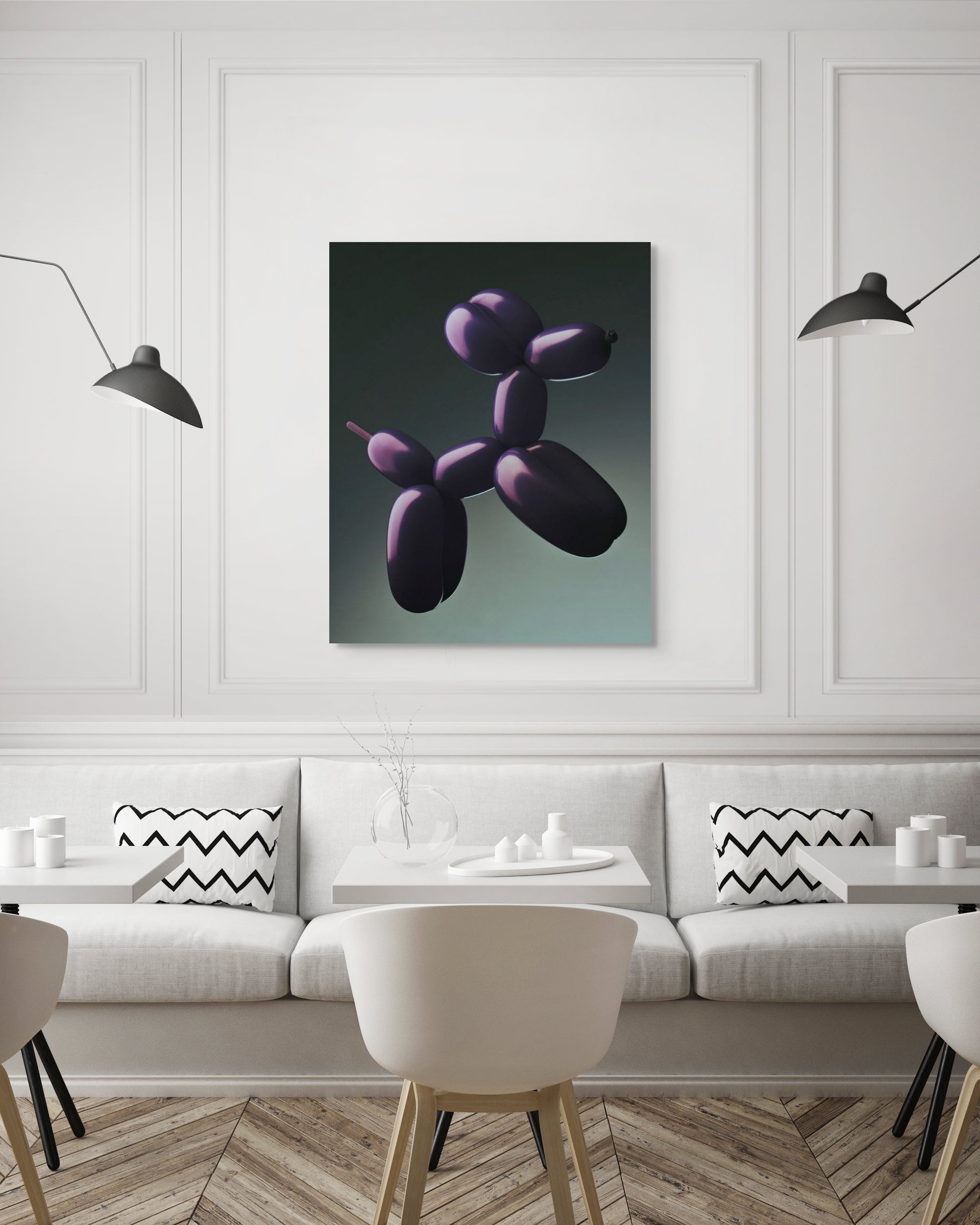 ‘Figuración’ metal print by Oscar Calleja featured in a contemporary café or lobby interior with white walls and black sconces.