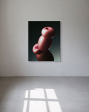 Abstract metal print of pink and red shapes on a black background, displayed on a white wall.