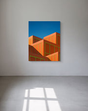 Metal print of Neon Boxes by Marc Fischer hanging in a minimalist gallery with natural light.
