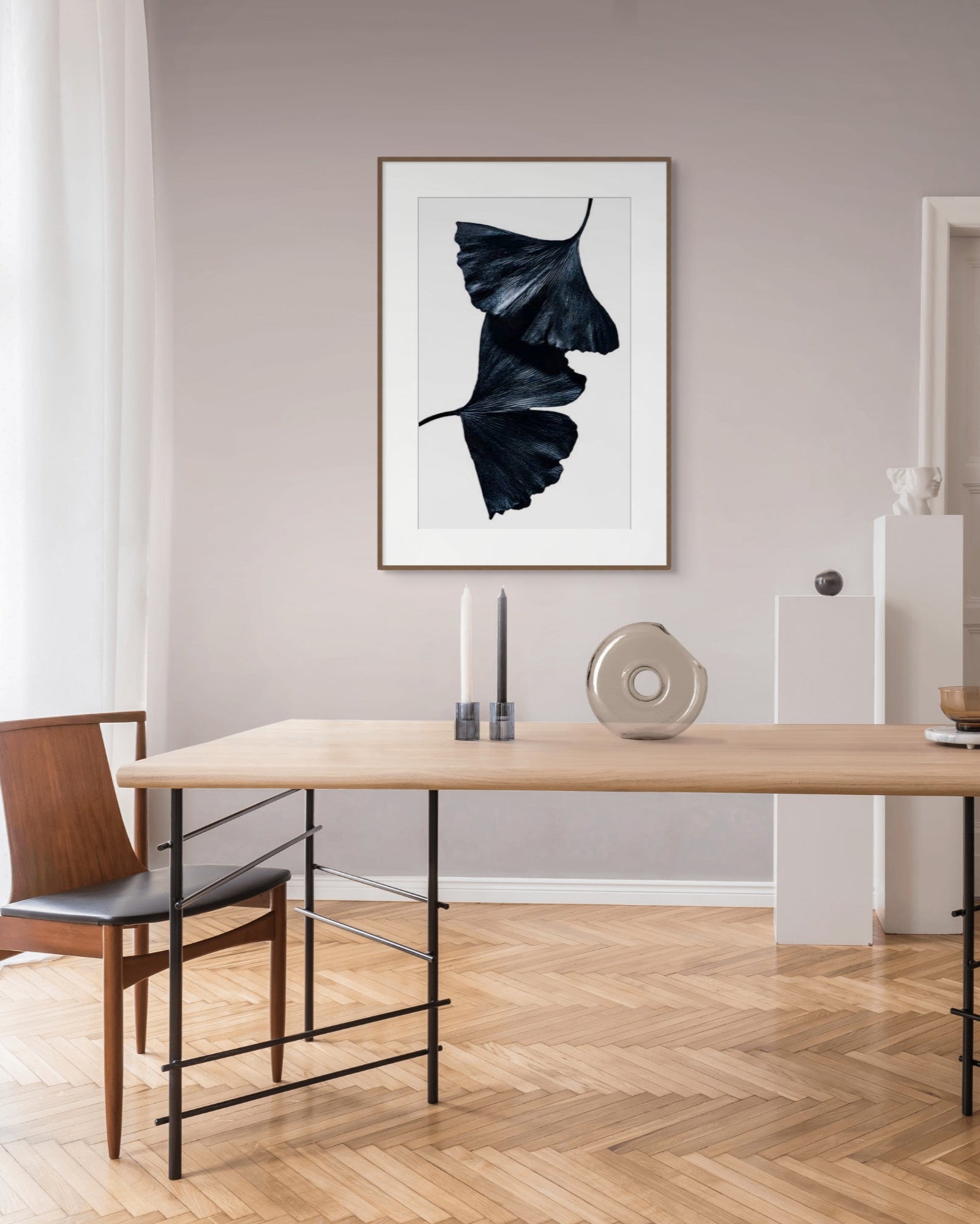 Gingko 2 by Sivan Roshianu – Limited edition black and white fine art photograph, archival-quality print in a modern dining room with wooden table and chairs. 