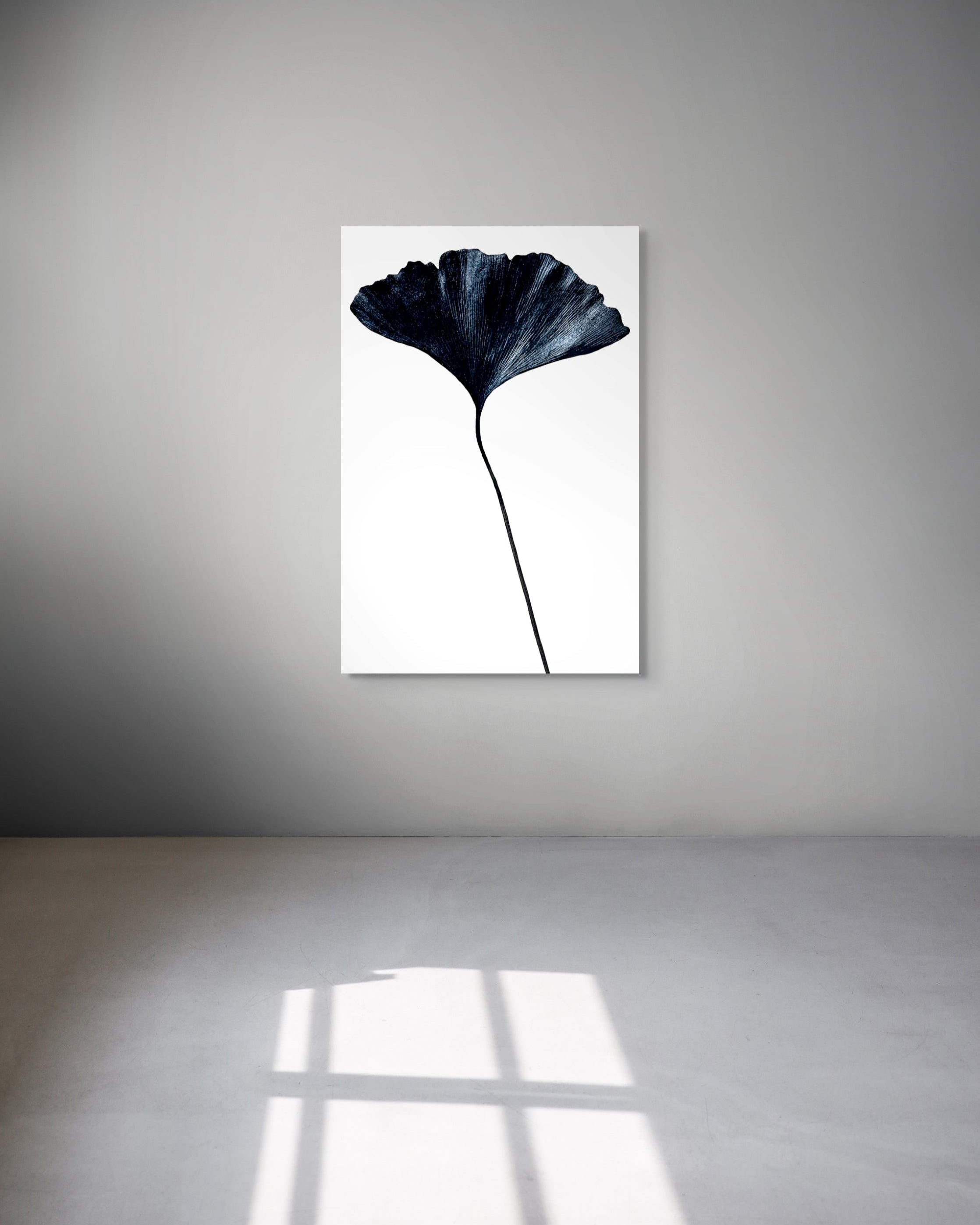Framed artwork of a black leaf on a white background in a minimalistic room.