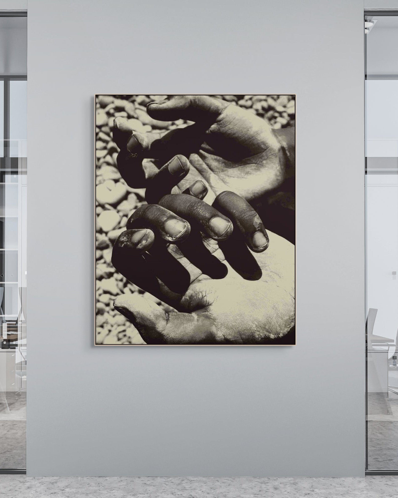 Artistic depiction of hands in an office setting