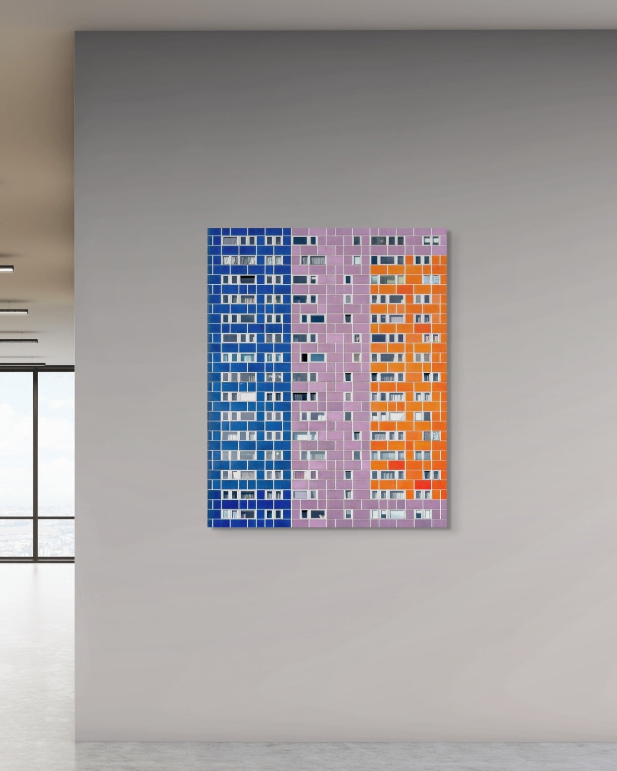 Colorful abstract wall art on a gray wall