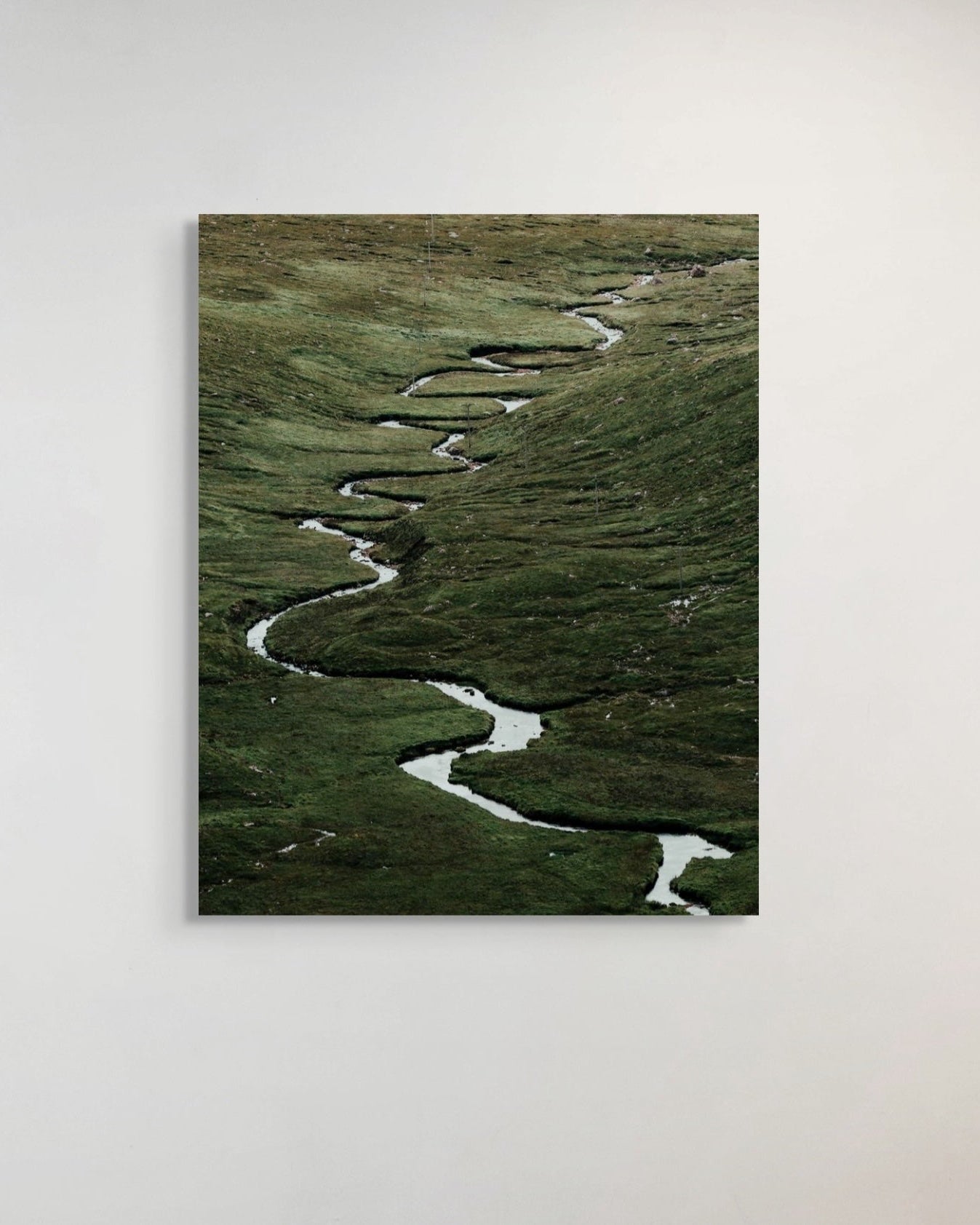Metal print of a winding river in a grassy landscape on a white wall.