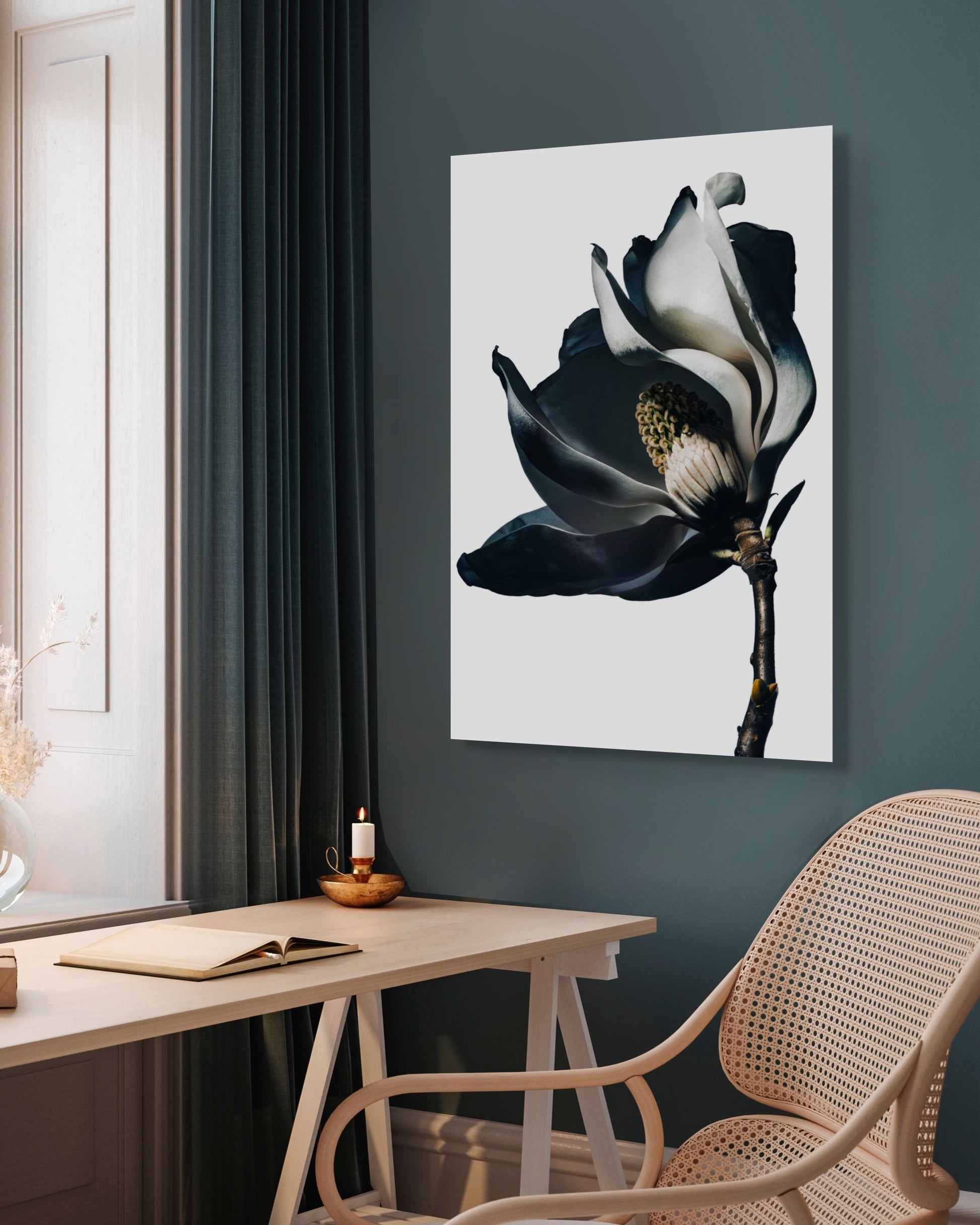 Framed and ready to hang black and white fine art print, Magnolia I by Sivan Roshianu, hanging in a modern home office. 