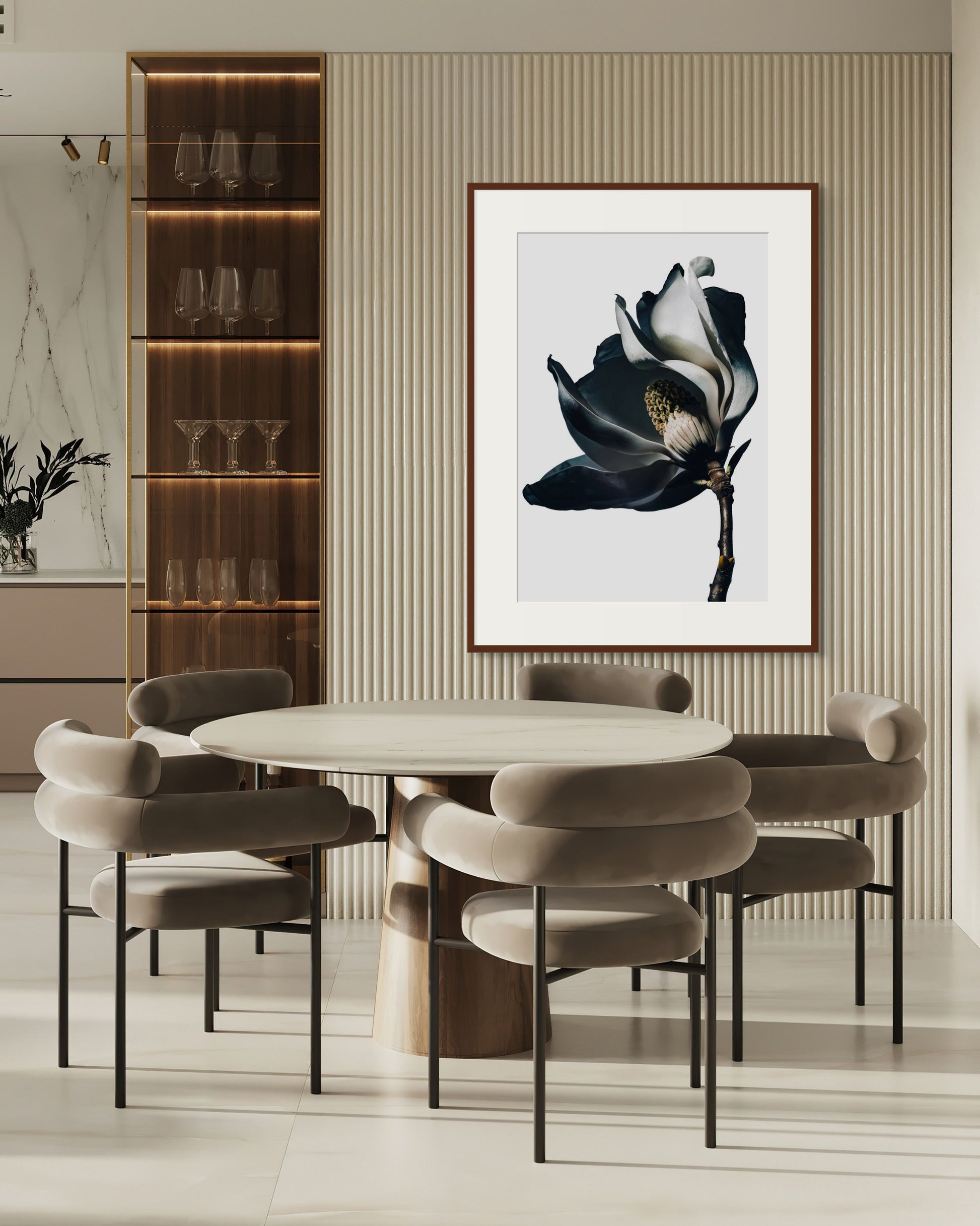 Magnolia I by Sivan Roshianu – Limited edition fine art photograph, archival-quality print in a modern dining room with a round table and chairs.