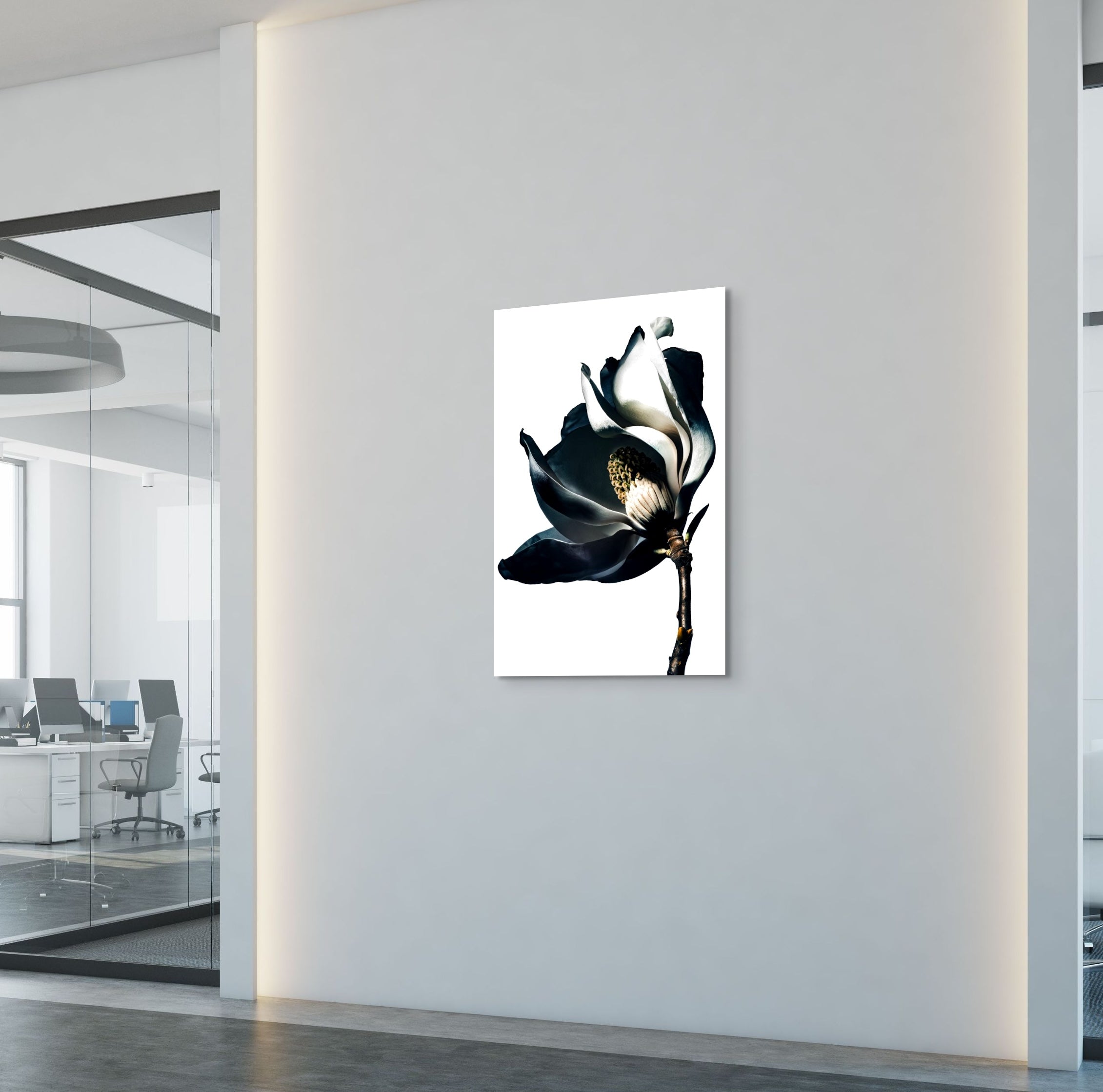 Modern interior with a black and white floral artwork on a wall