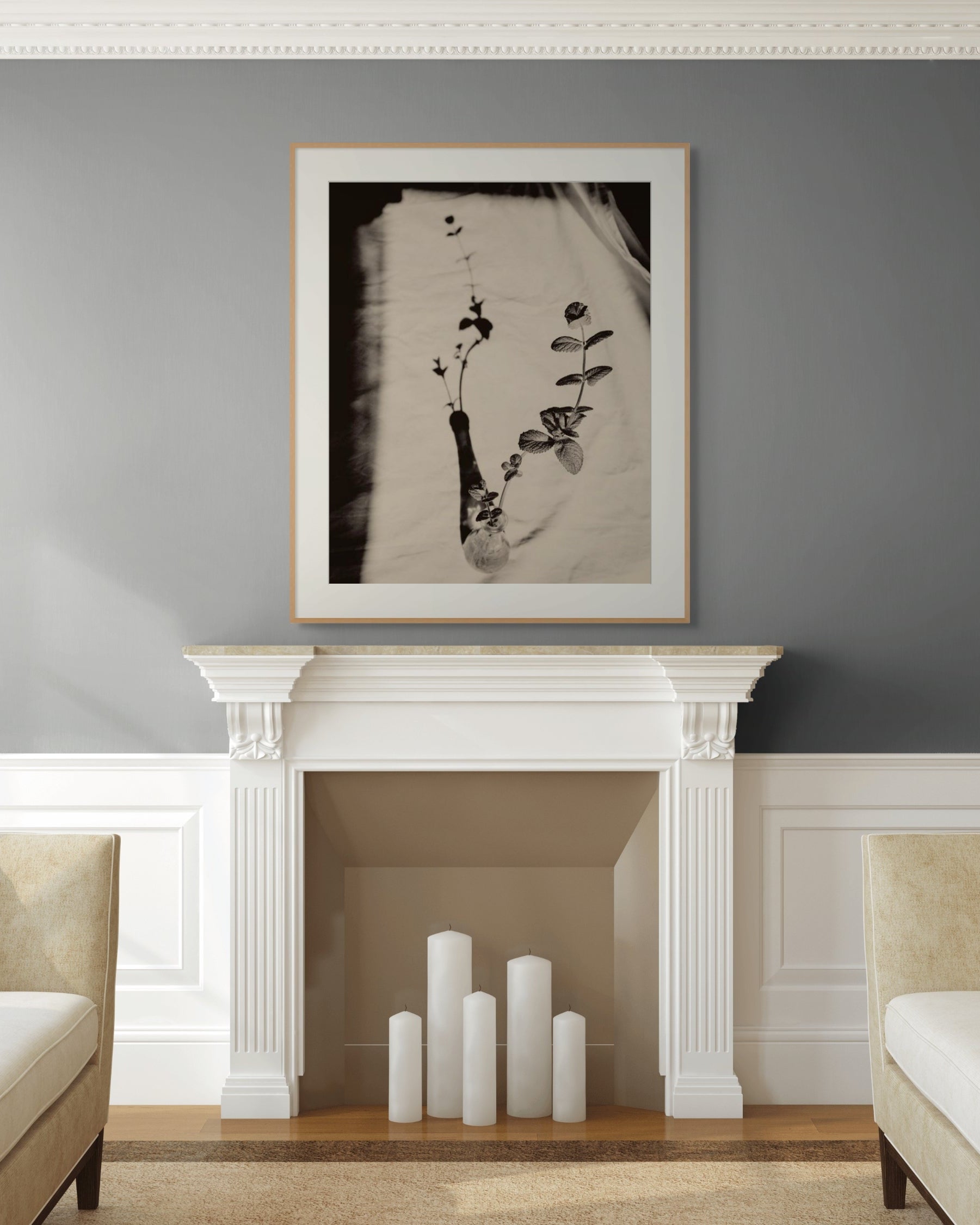 Mint by Jonė Reed – Limited edition fine art photograph hanging in a living room with white fireplace, and beige sofas, archival-quality print. 