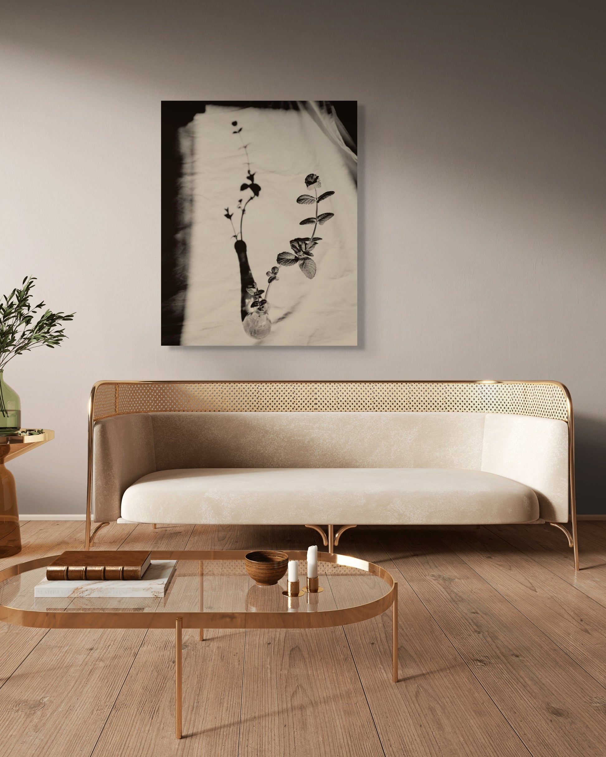 Framed fine art print, Mint by Jonė Reed, ready to hang black and white photograph hanging in a modern living room with a beige sofa.