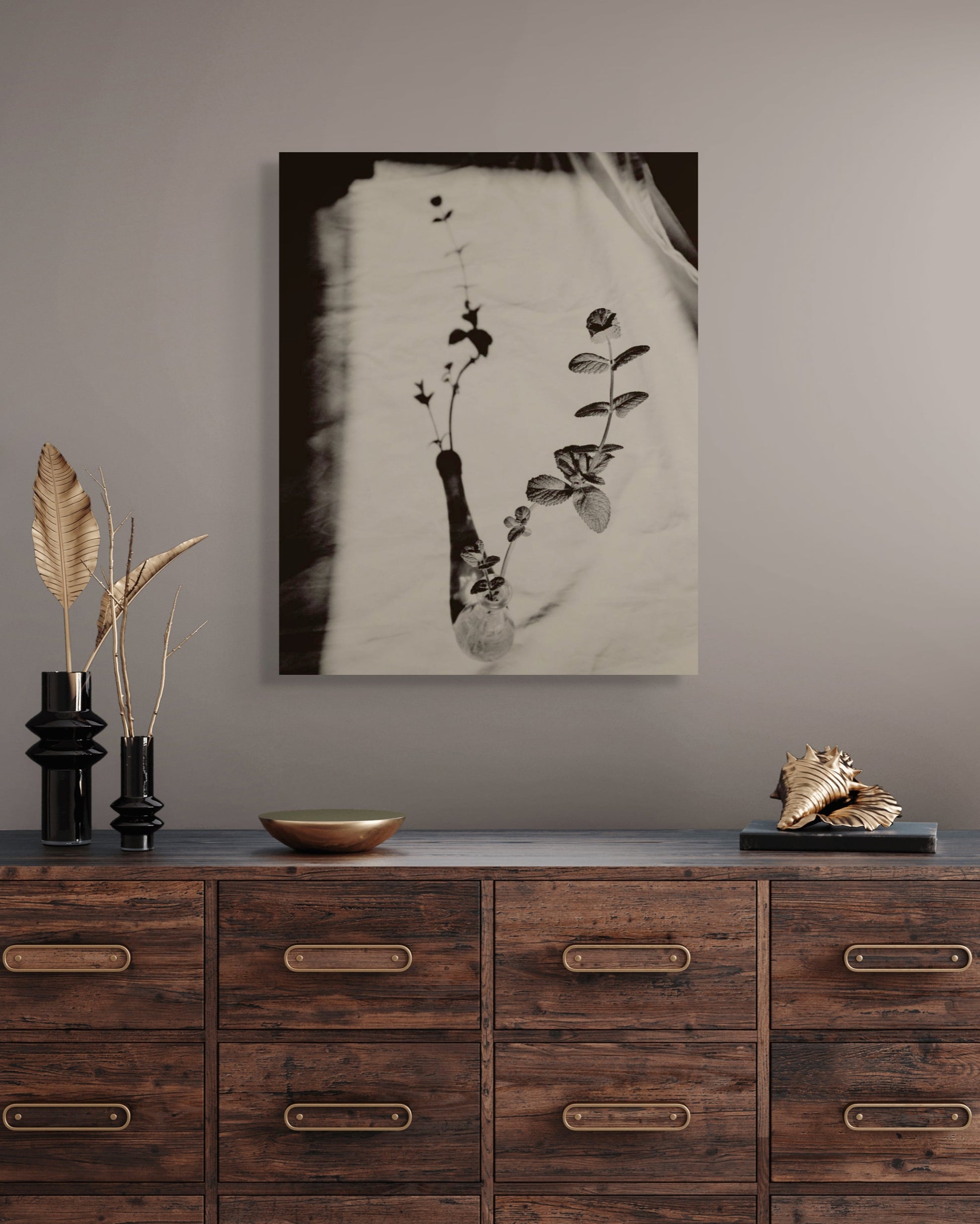 Framed fine art print, Mint by Jonė Reed, ready to hang archival photograph above a wooden dresser with decorative items.