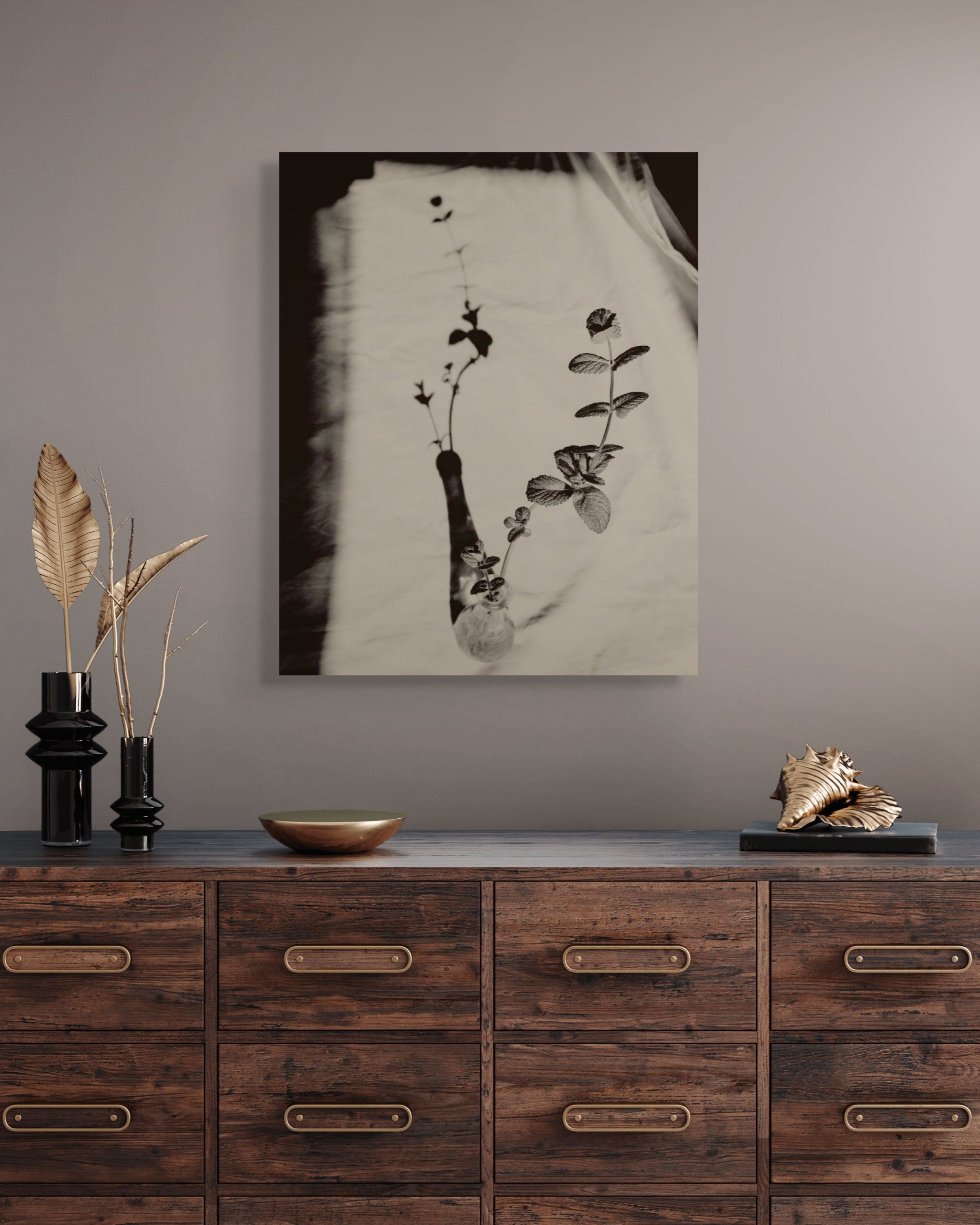 Framed fine art print, Mint by Jonė Reed, ready to hang archival photograph above a wooden dresser with decorative items.