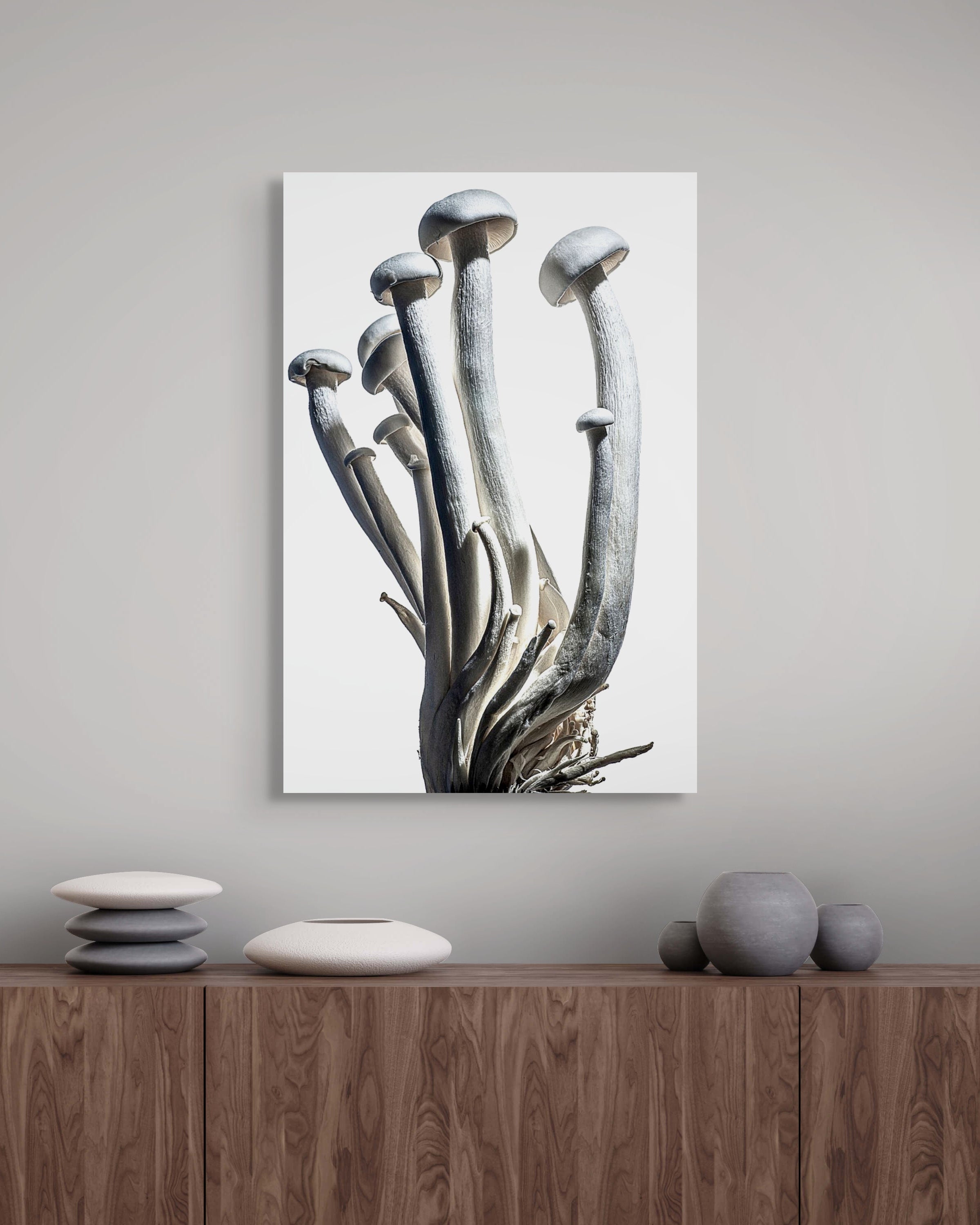 Framed artwork of mushrooms on a wall above a wooden cabinet with decorative items.