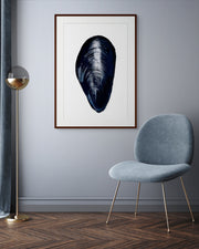 Mussel by Sivan Roshianu – Limited edition fine art photograph, archival print of a mussel shell in a modern interior setting with a chair and floor lamp.