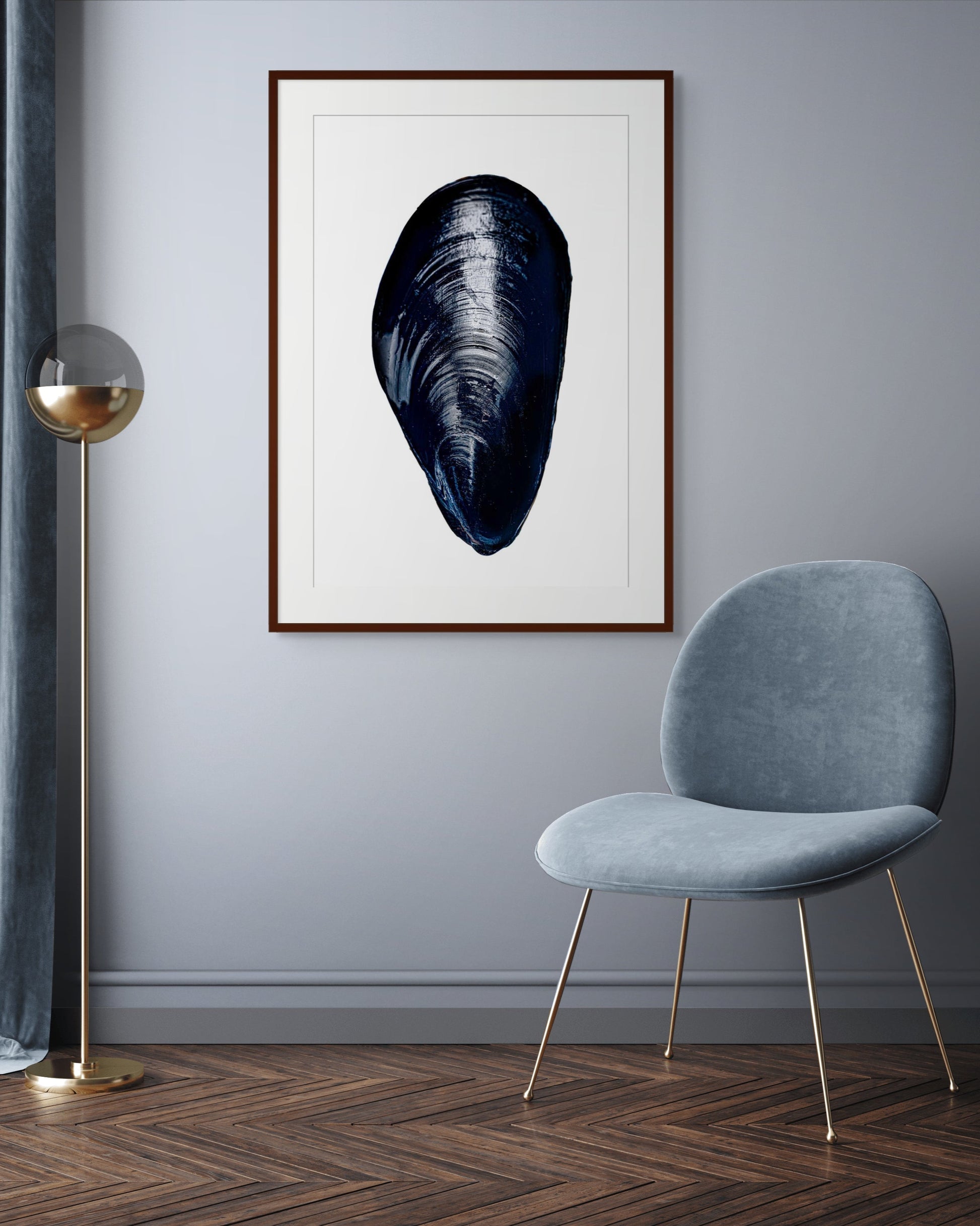Mussel by Sivan Roshianu – Limited edition fine art photograph, archival print of a mussel shell in a modern interior setting with a chair and floor lamp.