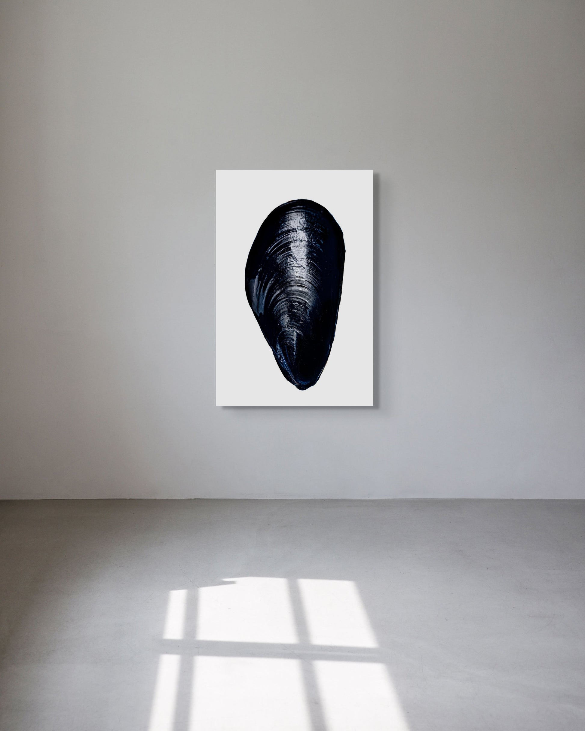 Framed fine art print, Mussel by Sivan Roshianu, ready to hang artwork of a black mussel shell on a white background, displayed on a gray wall.