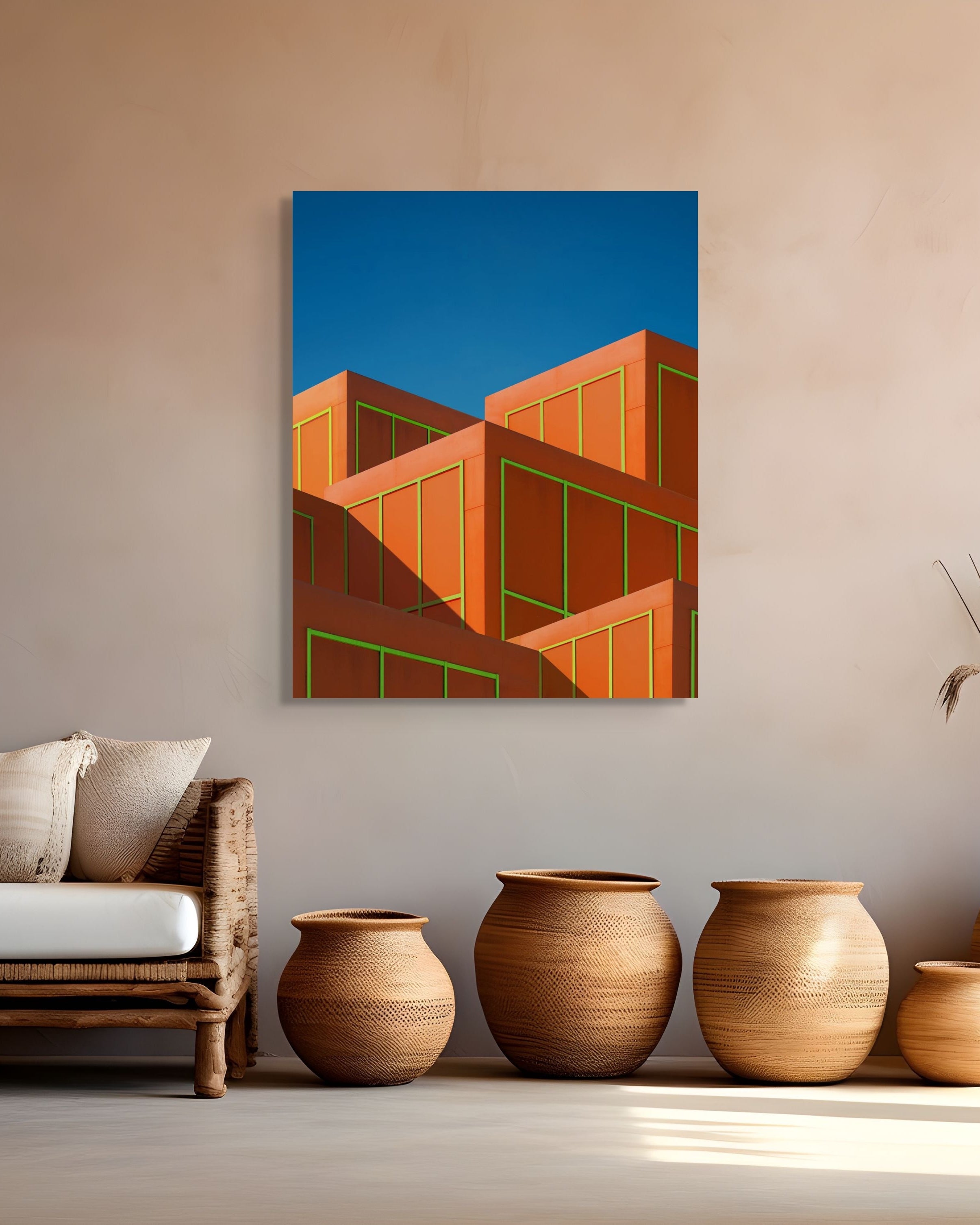 Metal print of Neon Boxes by Marc Fischer displayed above woven baskets in a warm, earthy interior.
