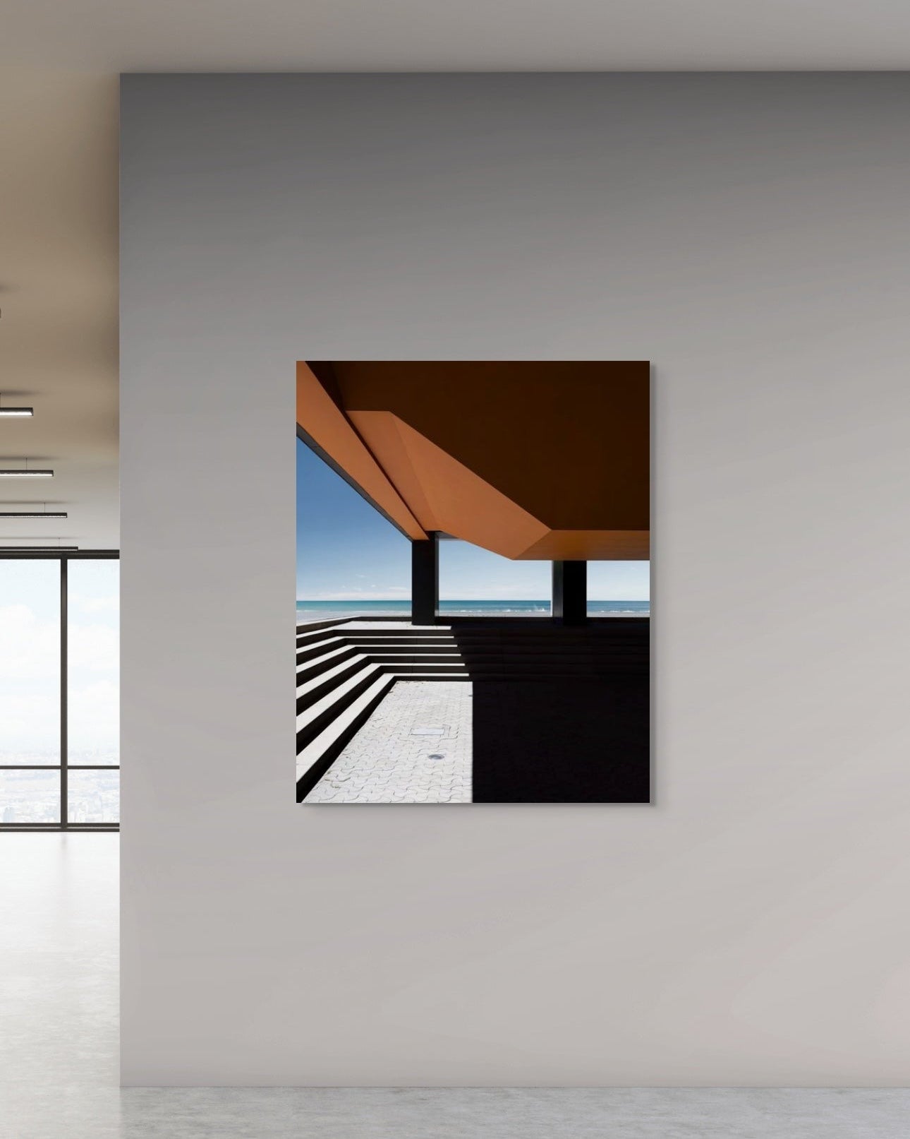 Abstract art print of a modern architectural scene with a brown roof on a gray wall.