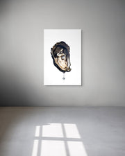 Framed artwork of an oyster on a white wall with a gray floor.