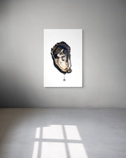 Framed artwork of an oyster on a white wall with a gray floor.