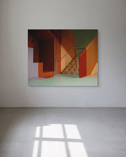 Metal print of a modern interior with a staircase.