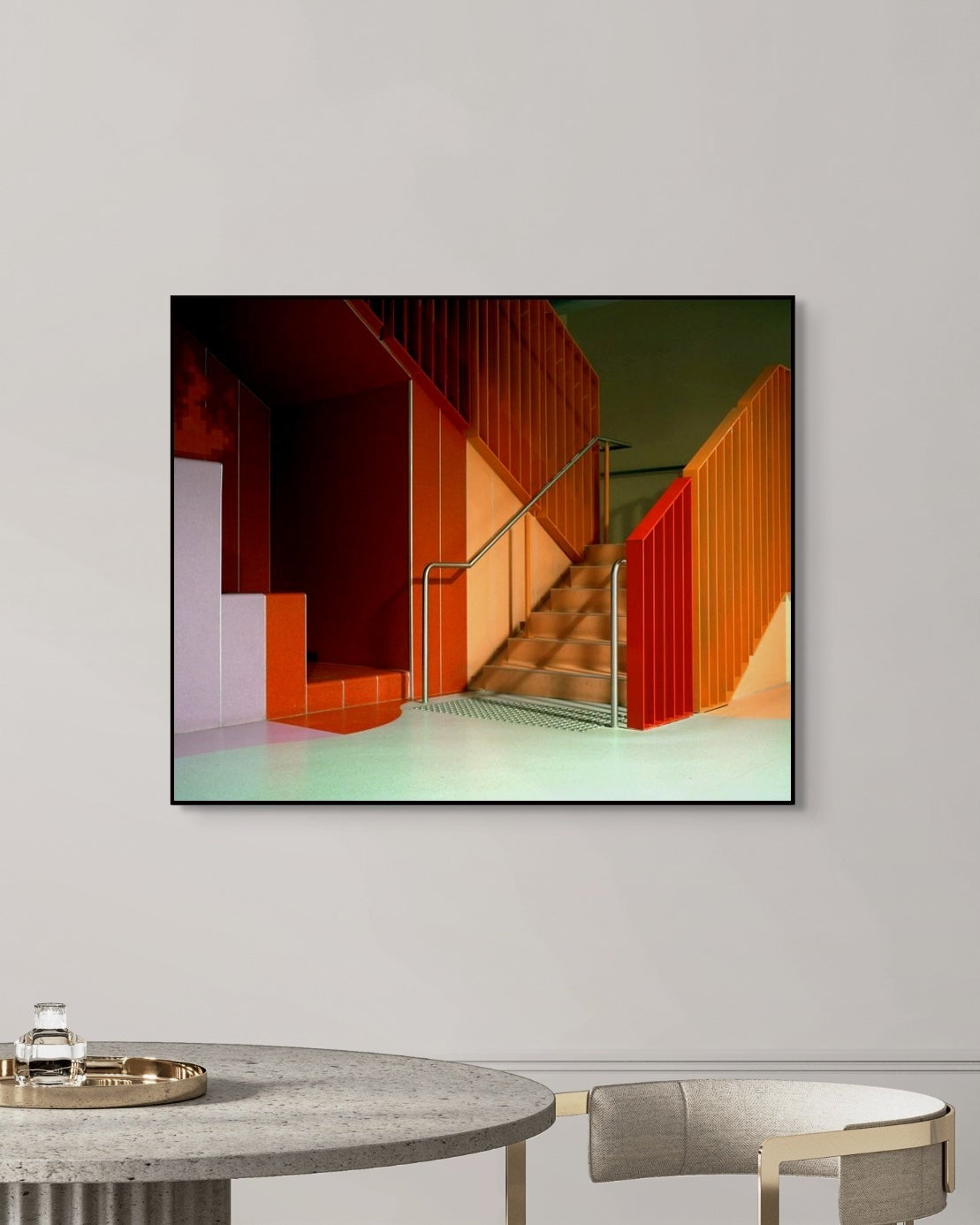 Abstract art piece on a wall in a modern interior setting