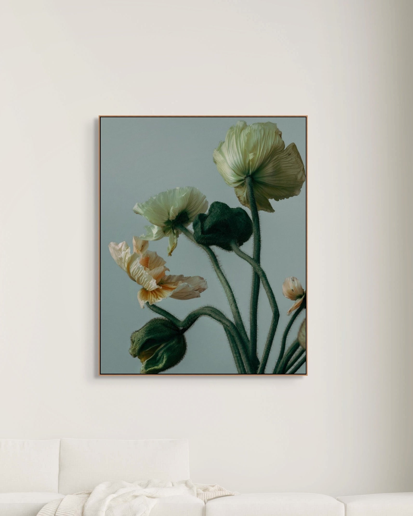 Framed artwork of flowers on a wall above a white sofa