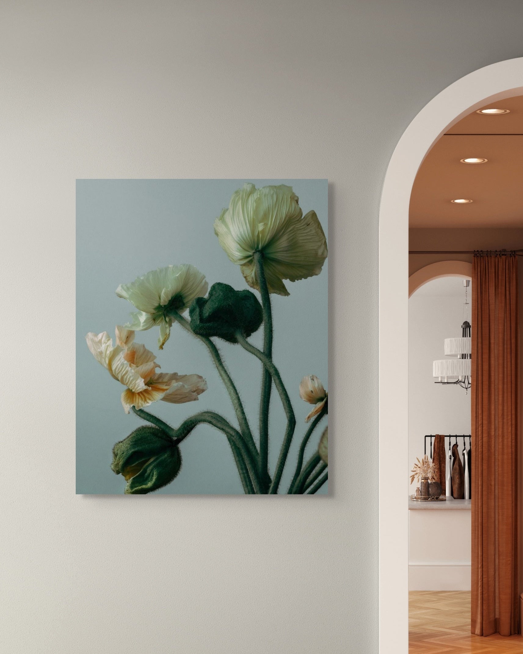 Floral metal print on a wall with a room in the background