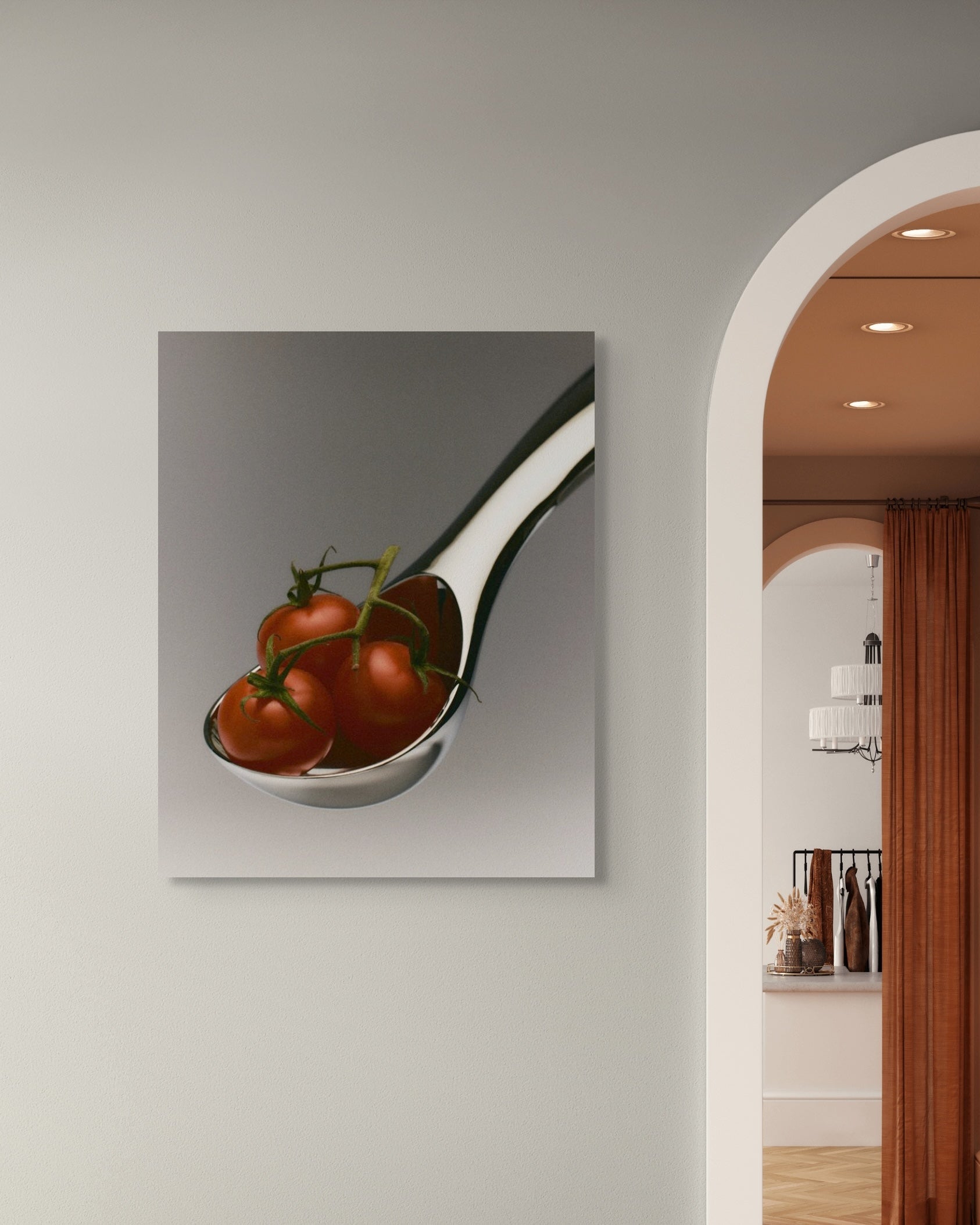 Spoon with tomatoes on a wall in a modern interior setting